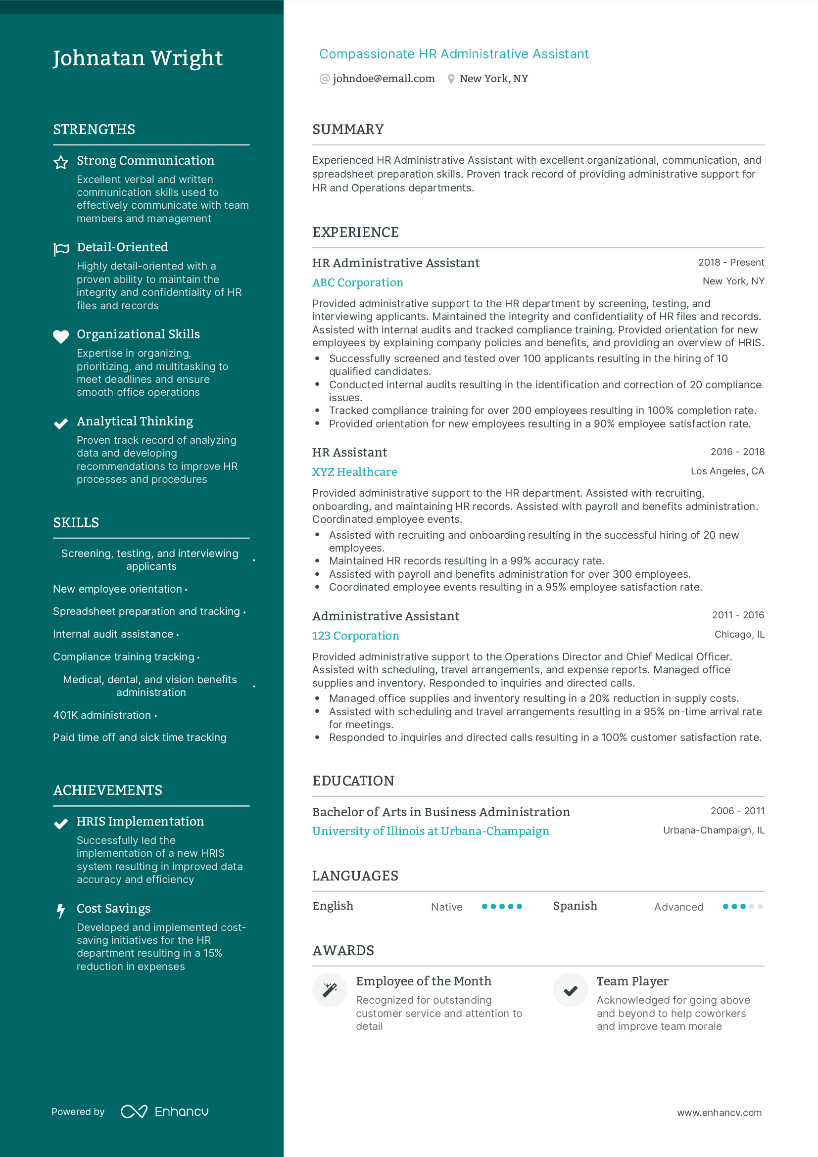 Compassionate HR Administrative Assistant resume example