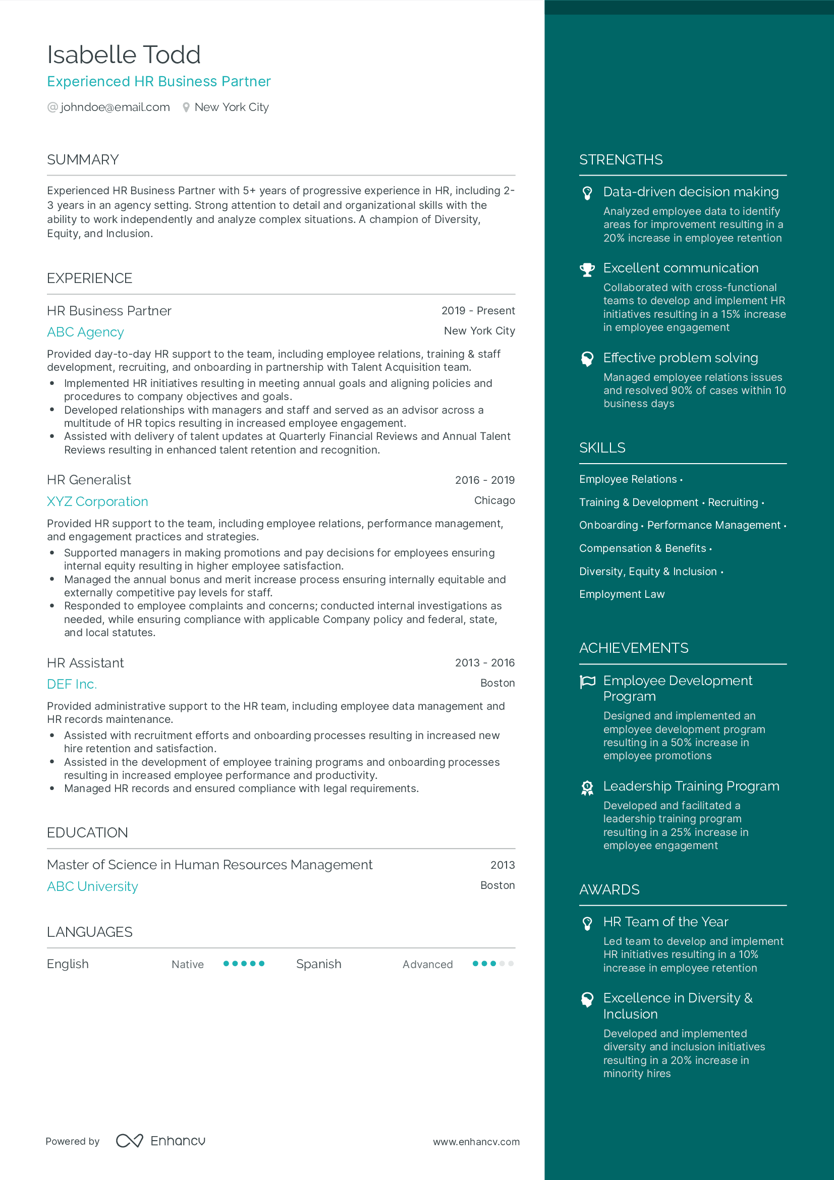 Experienced HR Business Partner resume example