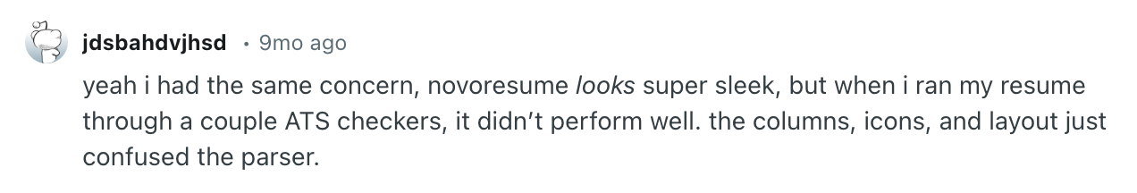 Screenshot of a Reddit user comment on Novoresume