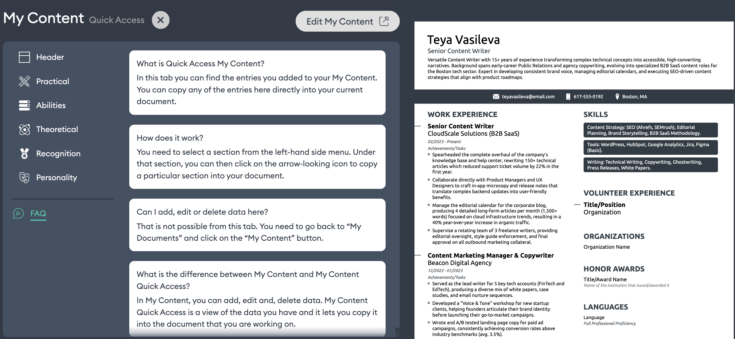 Screenshot of Novoresumes's editor   My Content