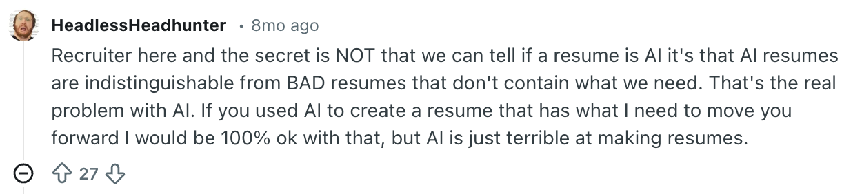 A Redditor explaining if recruiters can tell when a resume is AI generated