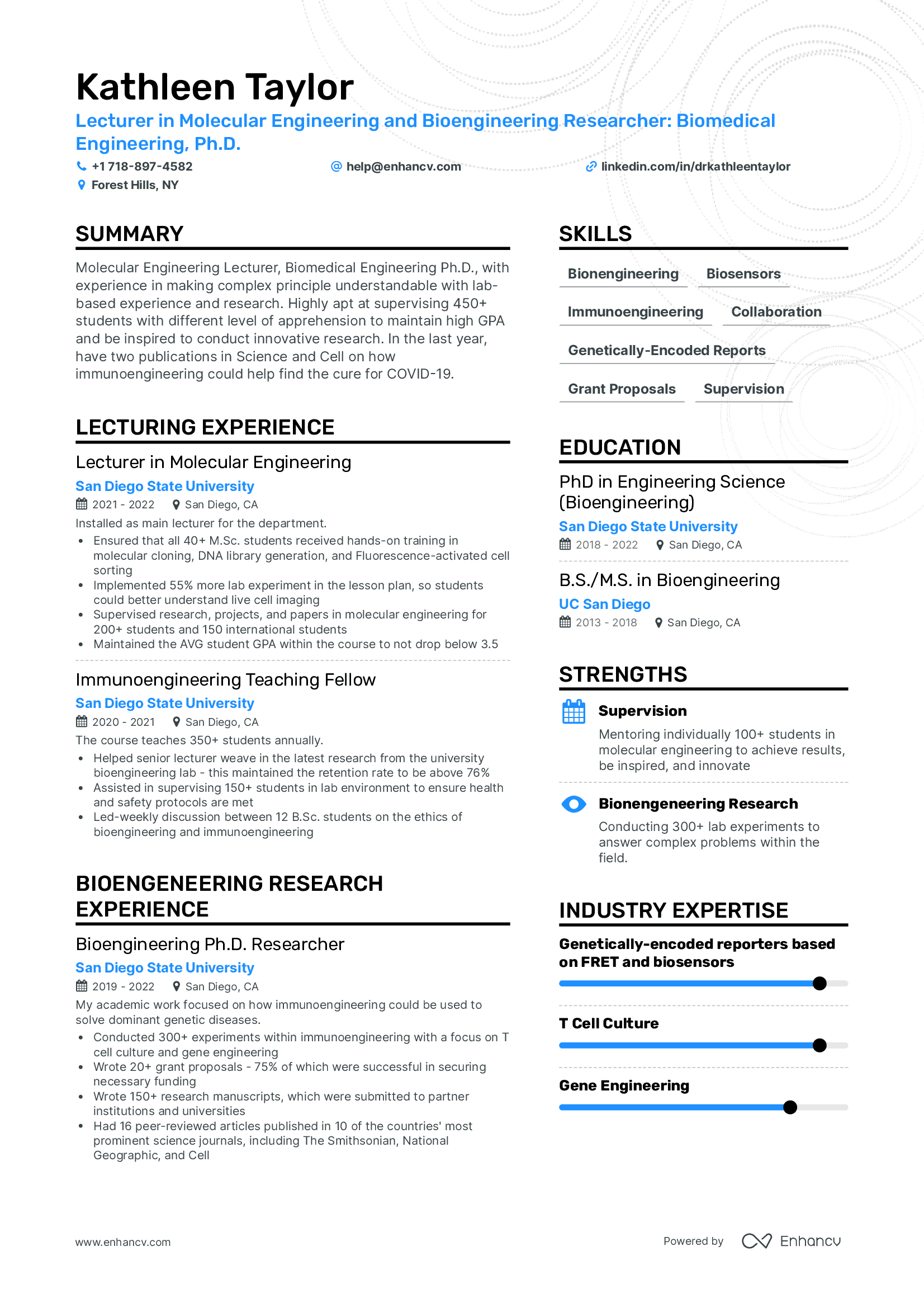 Ph.D. Lecturer and Researcher in Bioengineering resume
