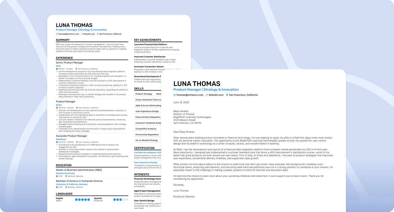 A cover letter and a resume side by side and formatted in the same way