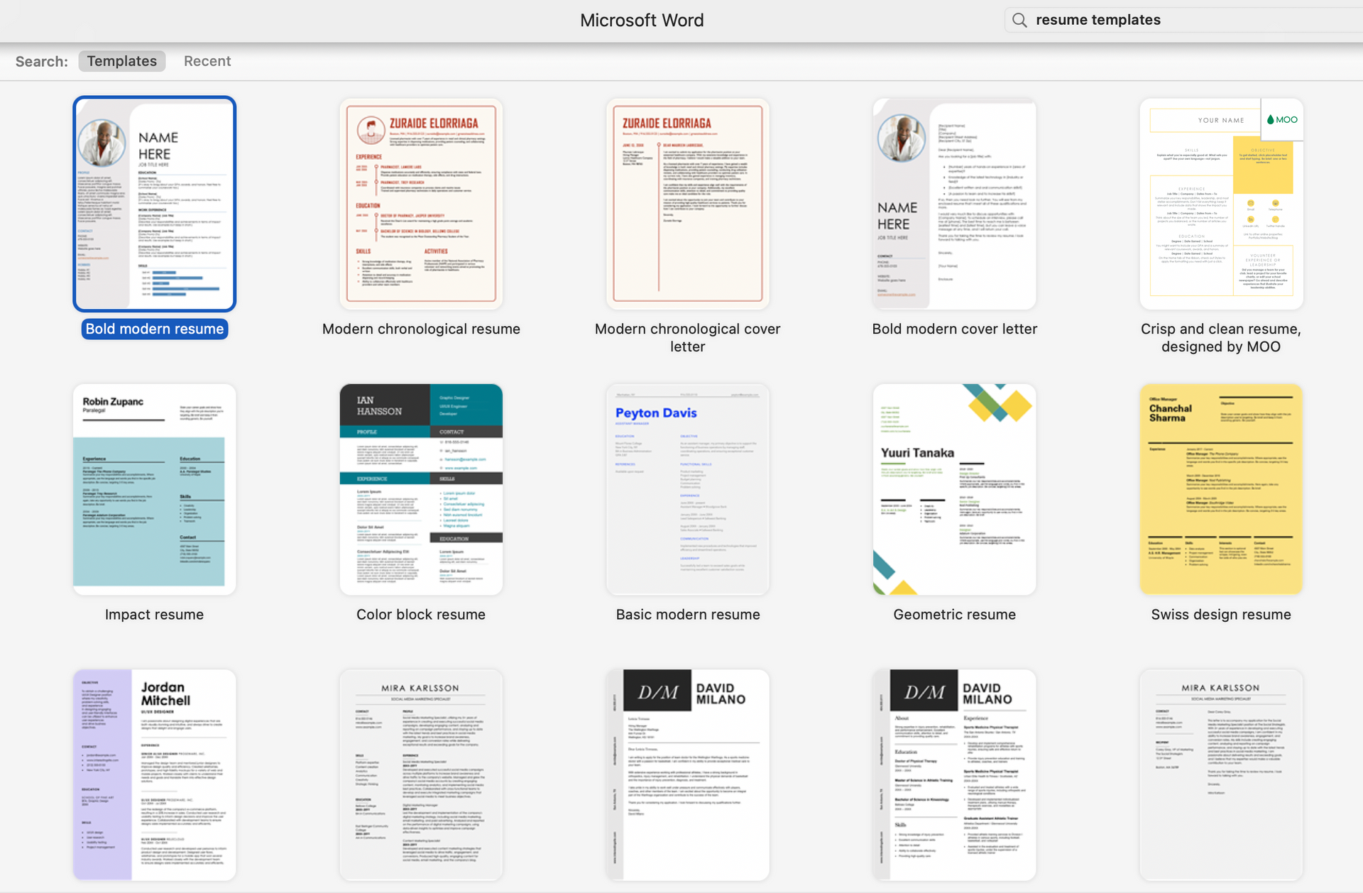 An image of the MS Word resume templates page