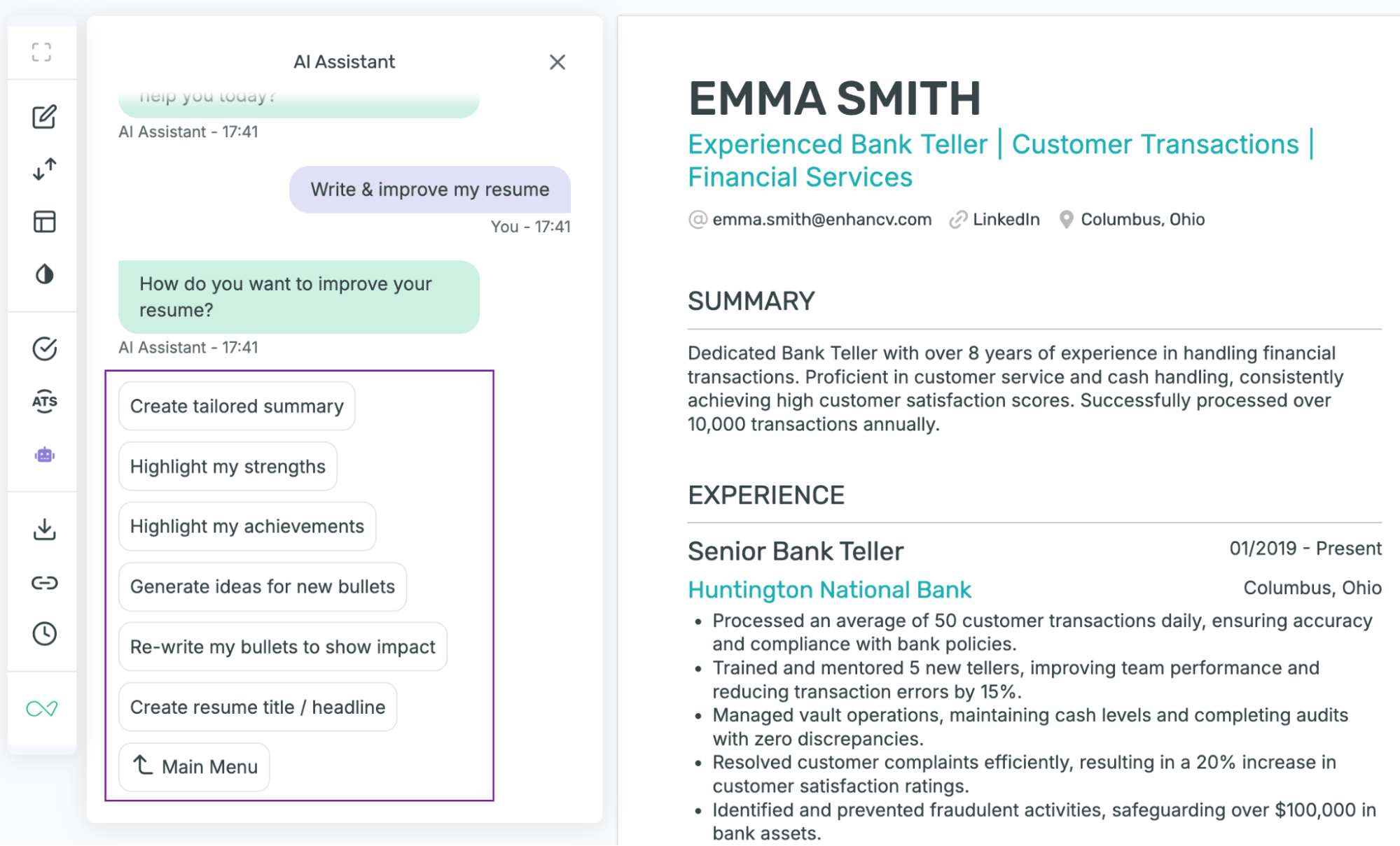 A resume made with Enhancv is shown within the Enhancv builder. Attention is drawn to the different improvement options in the menu to the left.