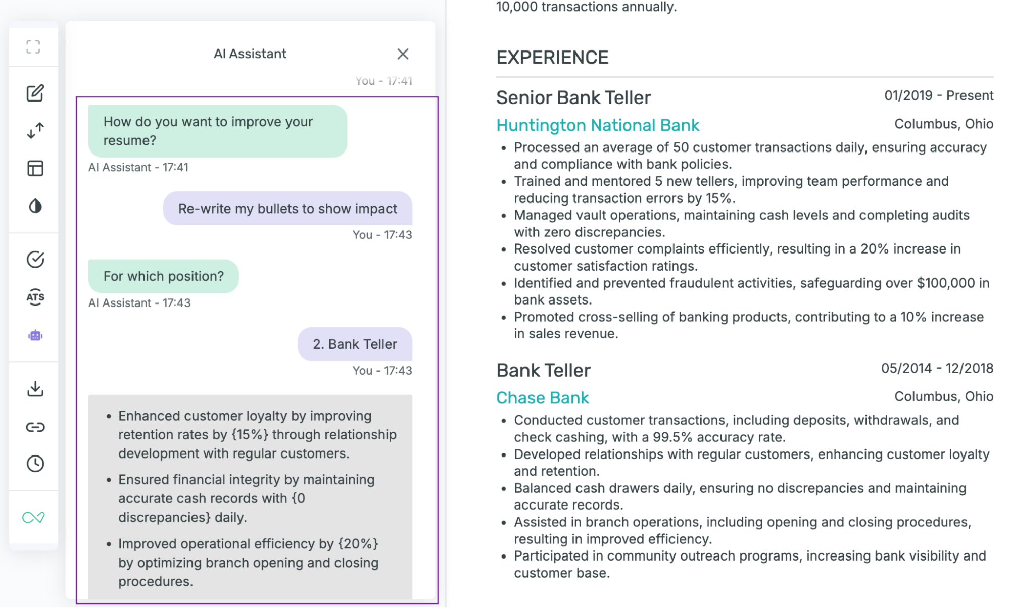 A resume made with Enhancv is shown within the Enhancv builder. Attention is drawn to improvement ideas generated by the AI assistant in the menu to the left.