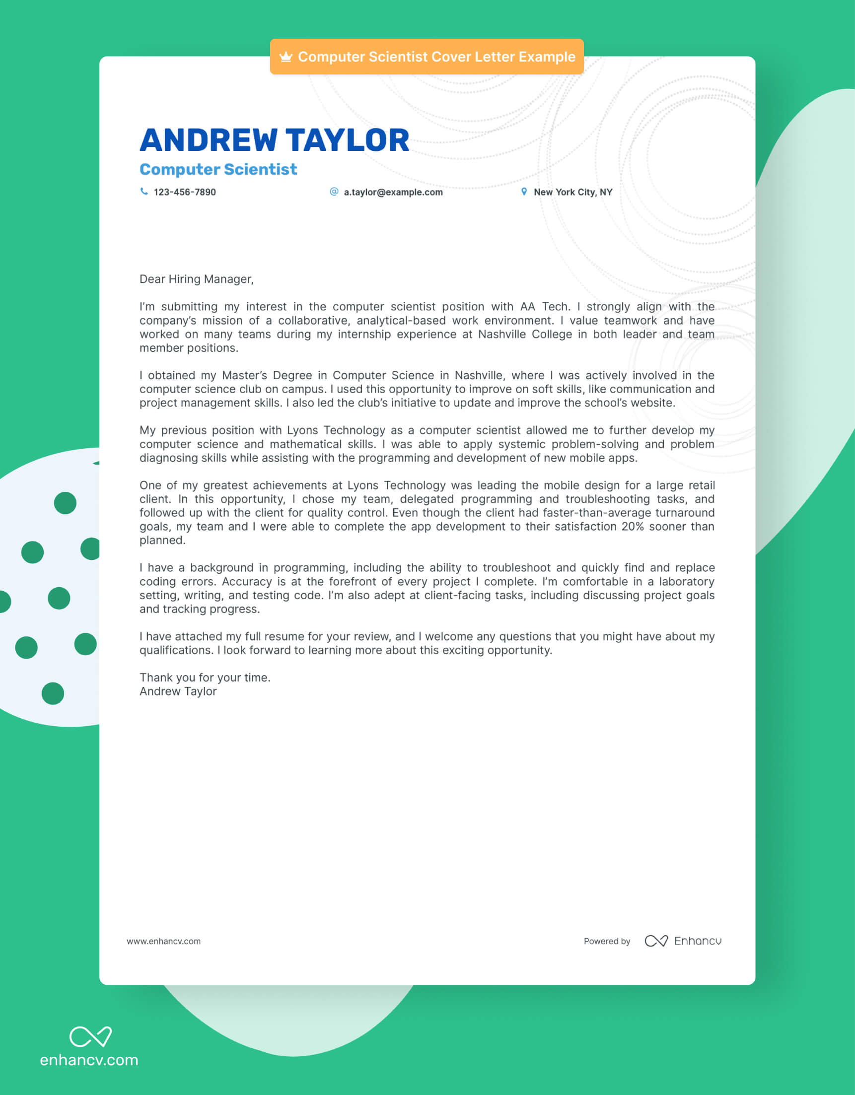 A cover letter example for a computer scientist position build with the Enhancv cover letter builder.