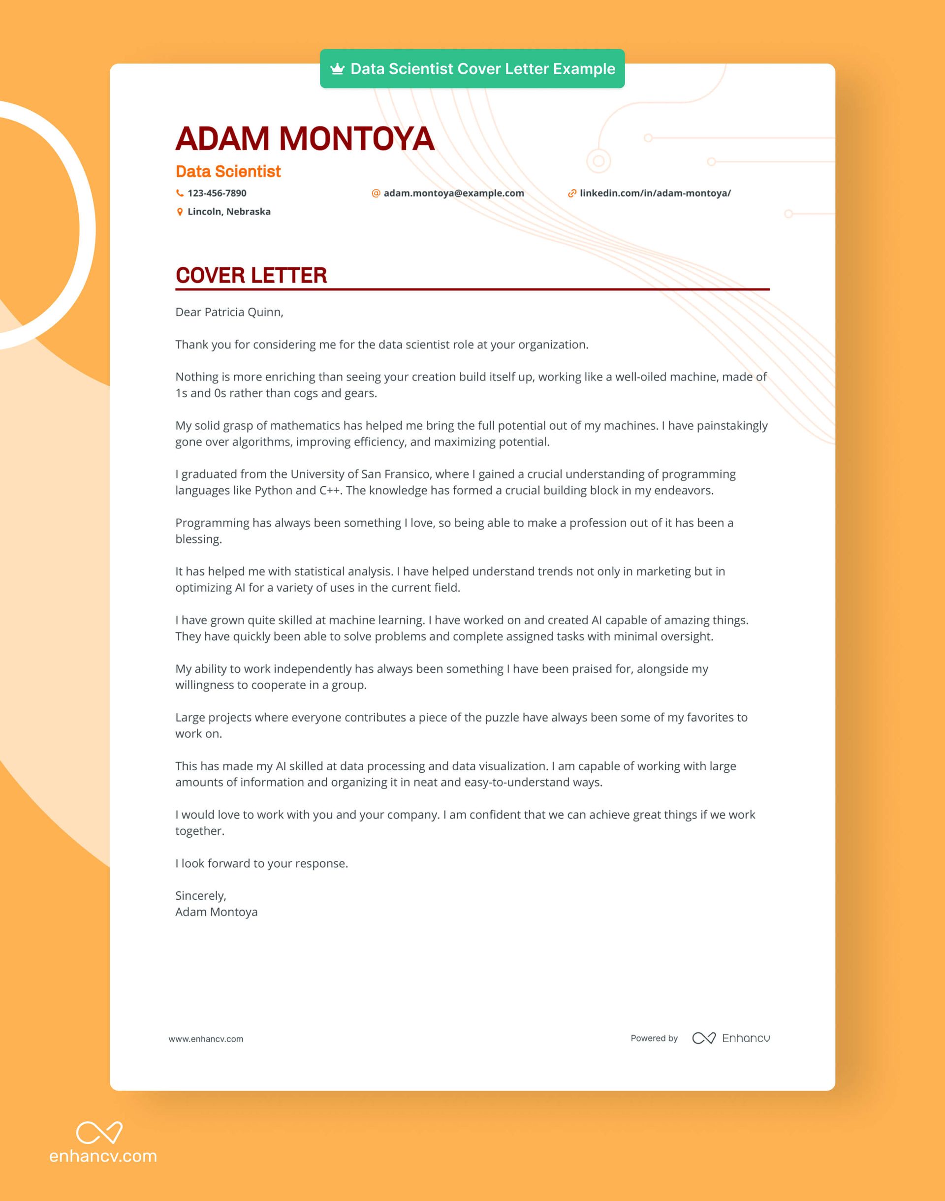 data science internship cover letter sample