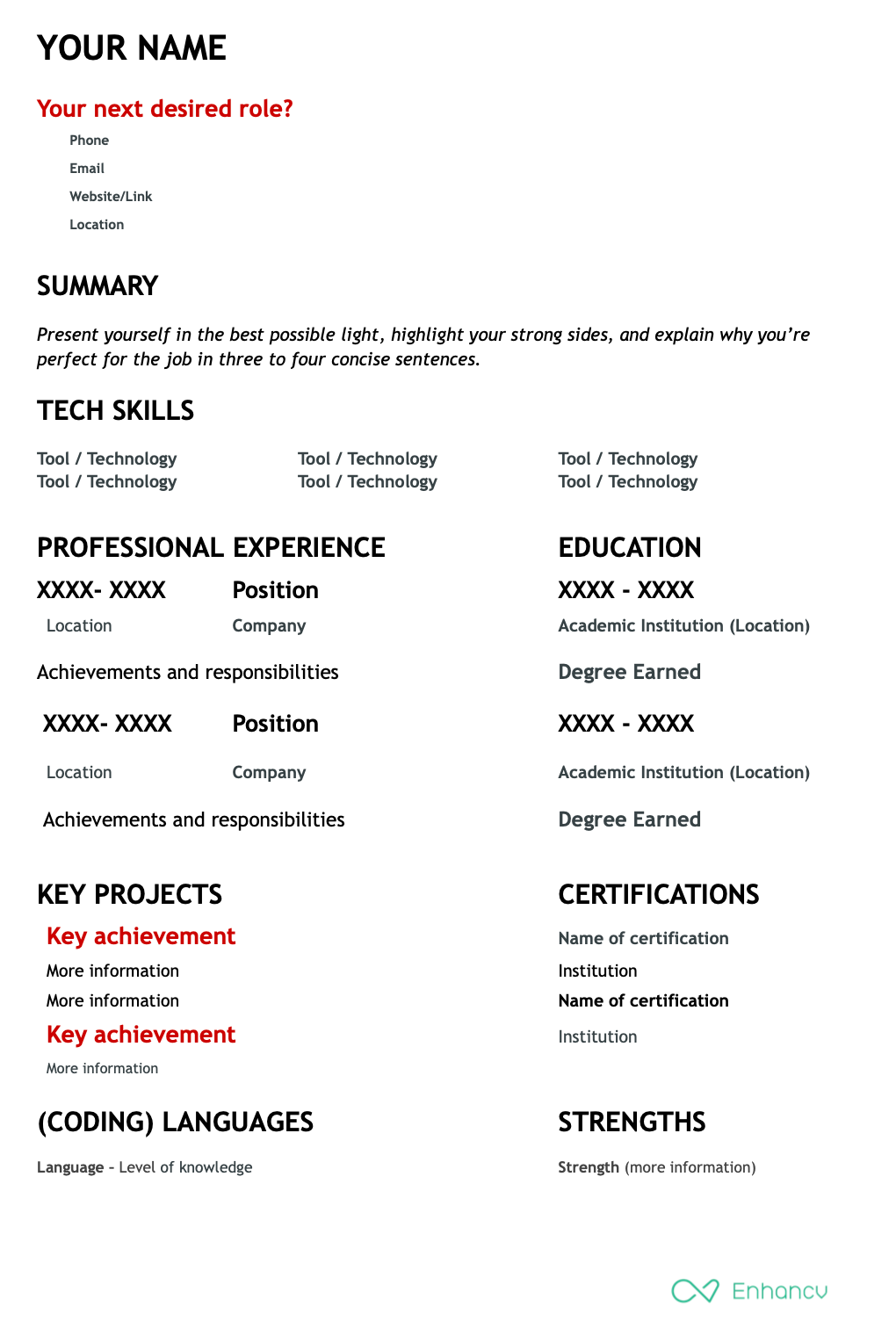Tech resume template for Google Docs