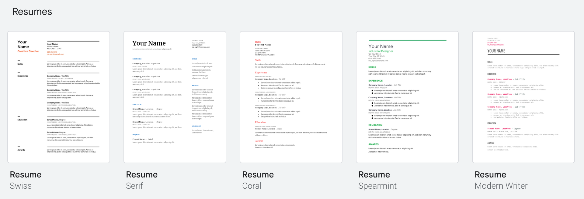 A picture of five Google Docs resume templates available on Google docs.