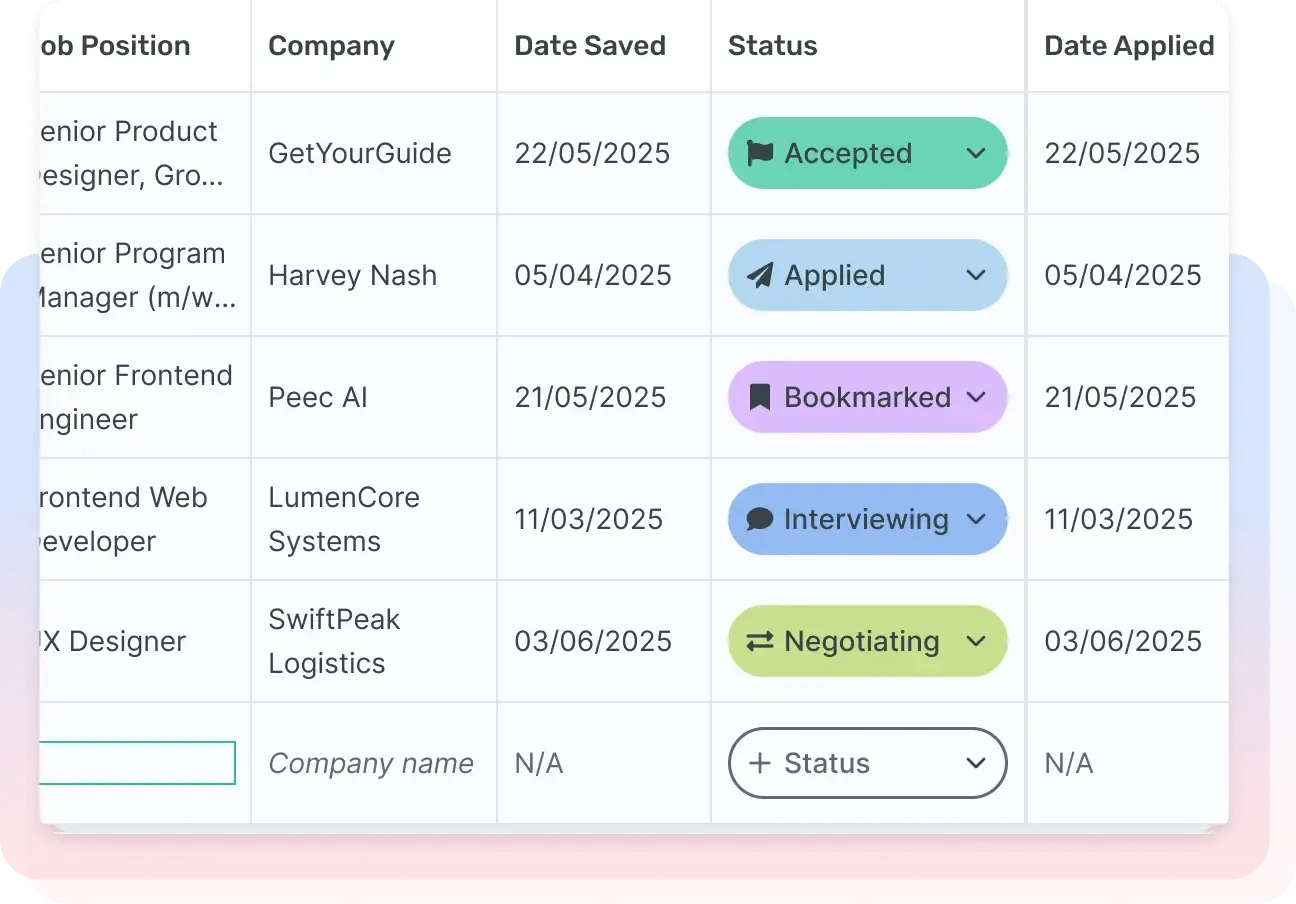 Job application tracker preview