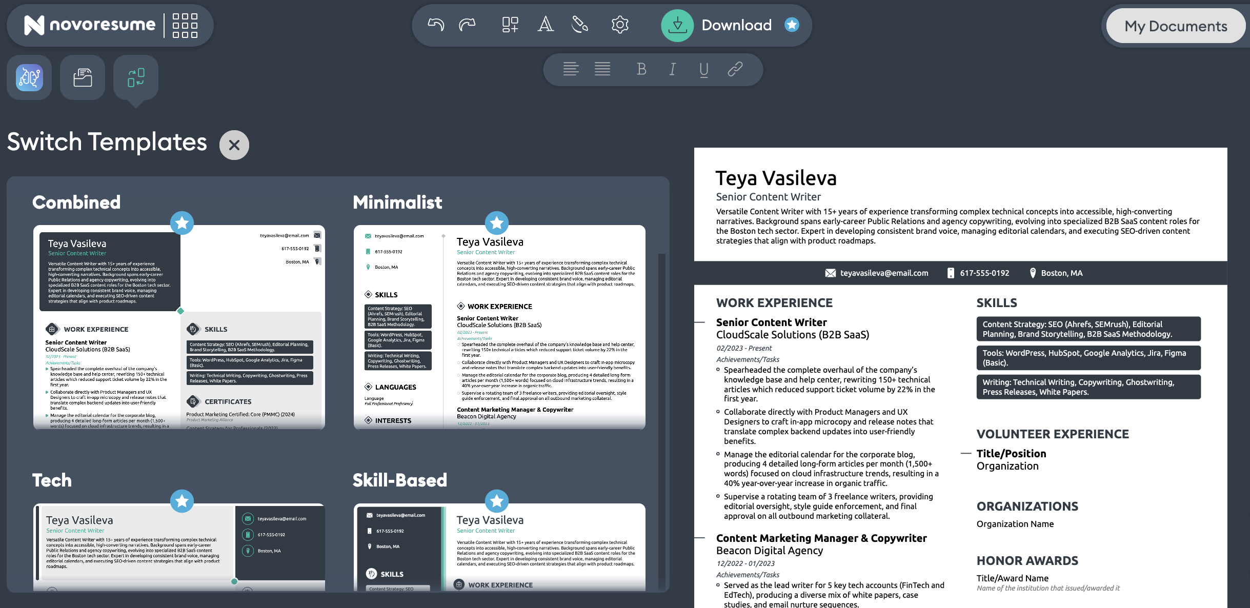 Screenshot of Novoresume's editor   templates view