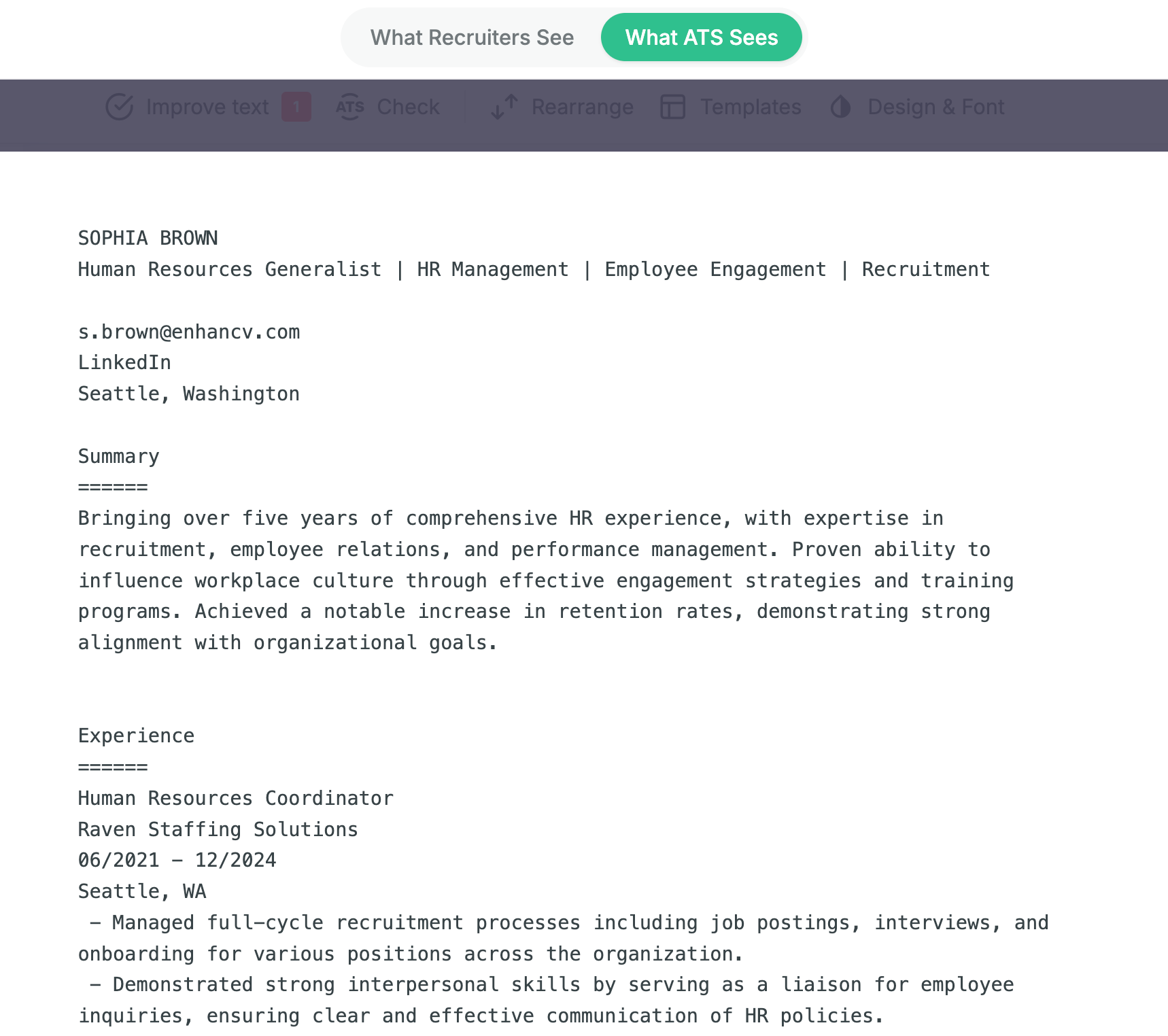 An image of plain text, which is what the applicant tracking system sees once it parses a resume created with Enhancv. All readable.