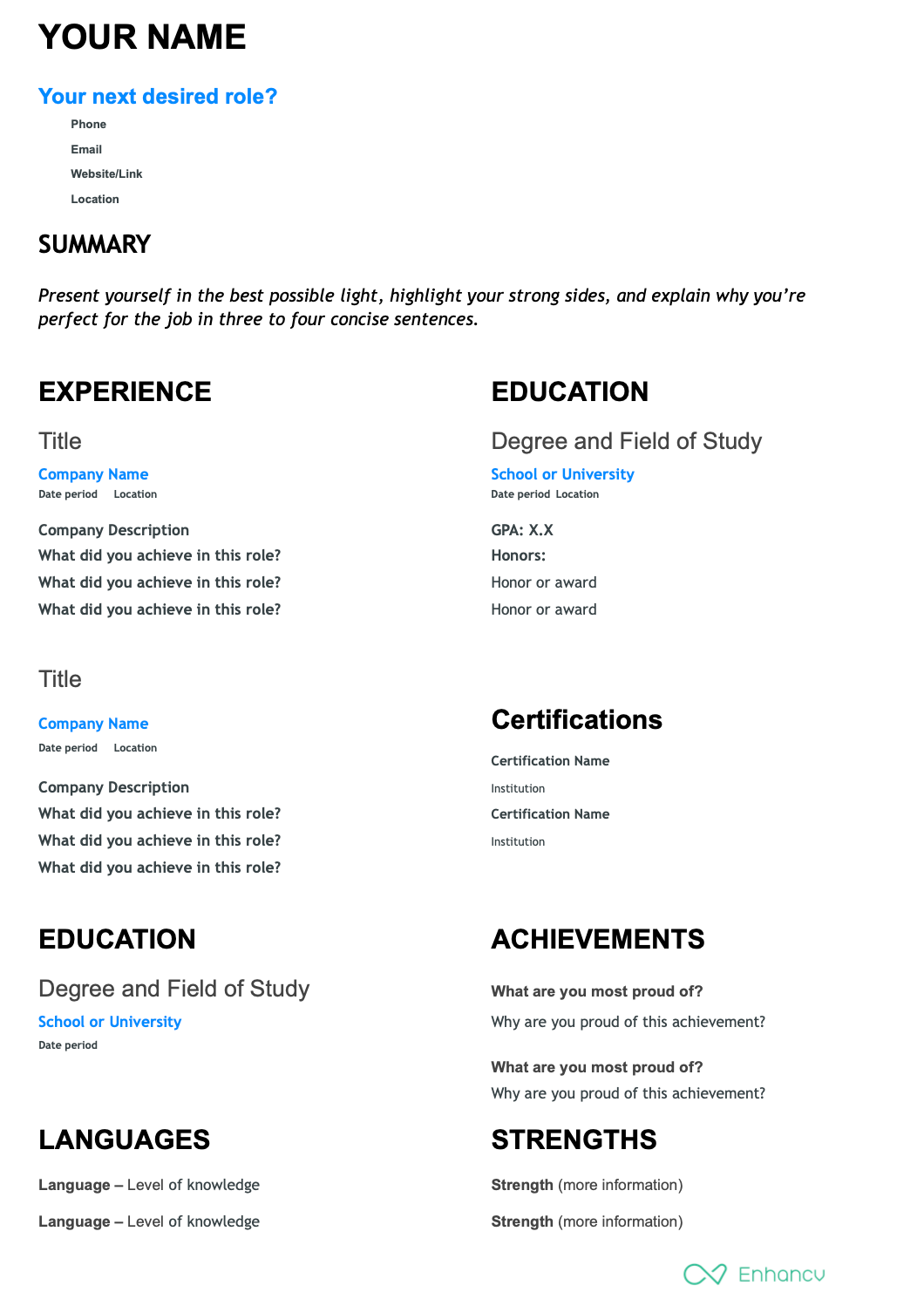 Basic resume template for Google Docs