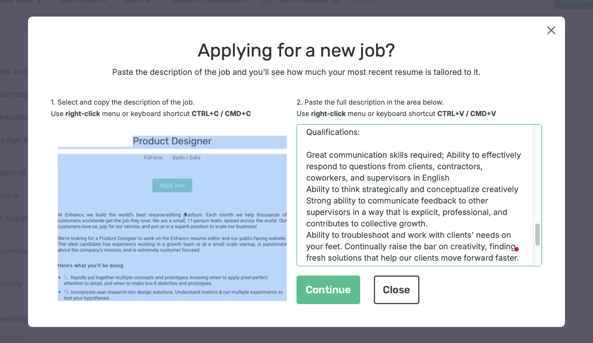 A screenshot of Enhancv's job description analysis tool