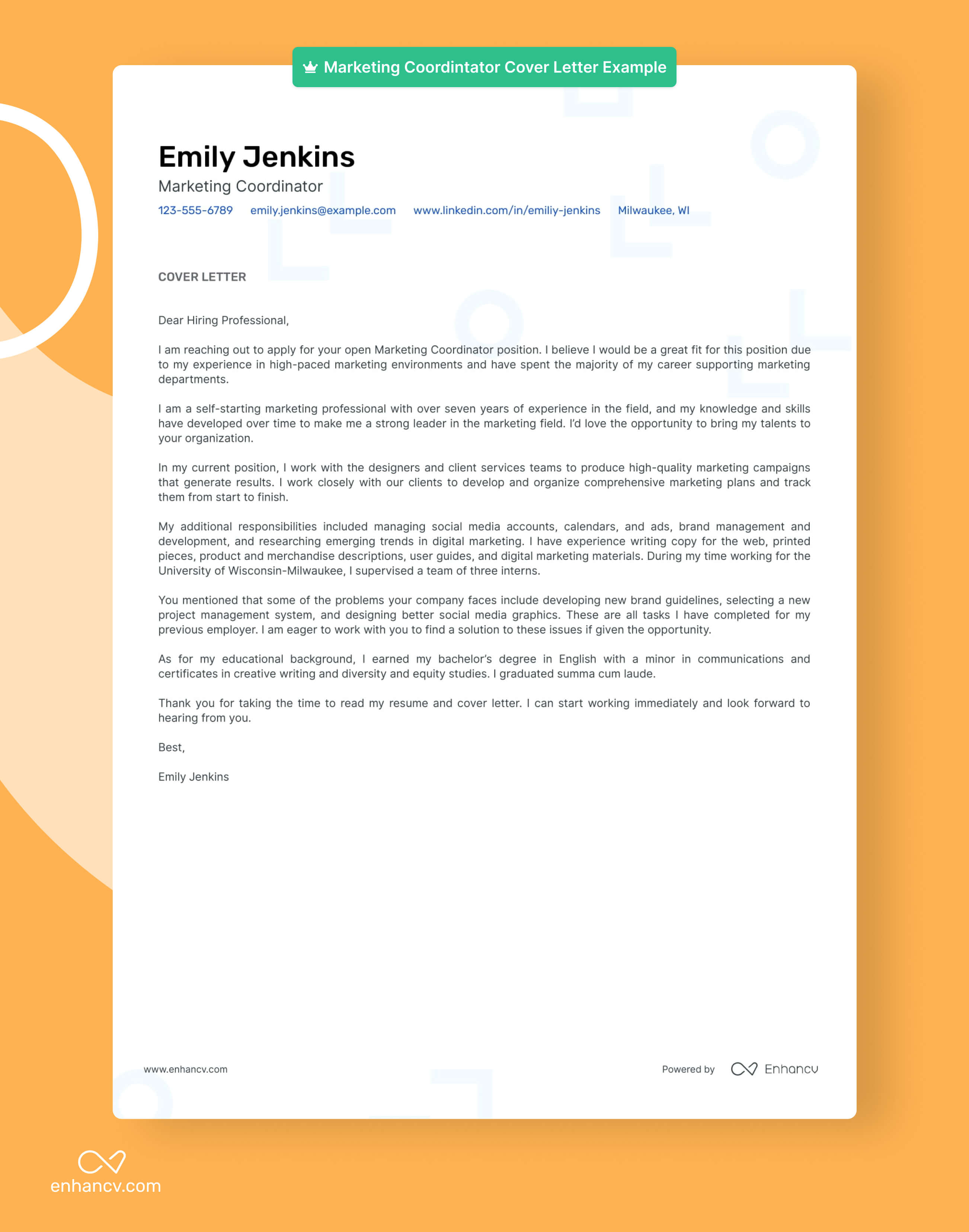 Marketing Coordinator Cover Letter Example Built With Enhancv