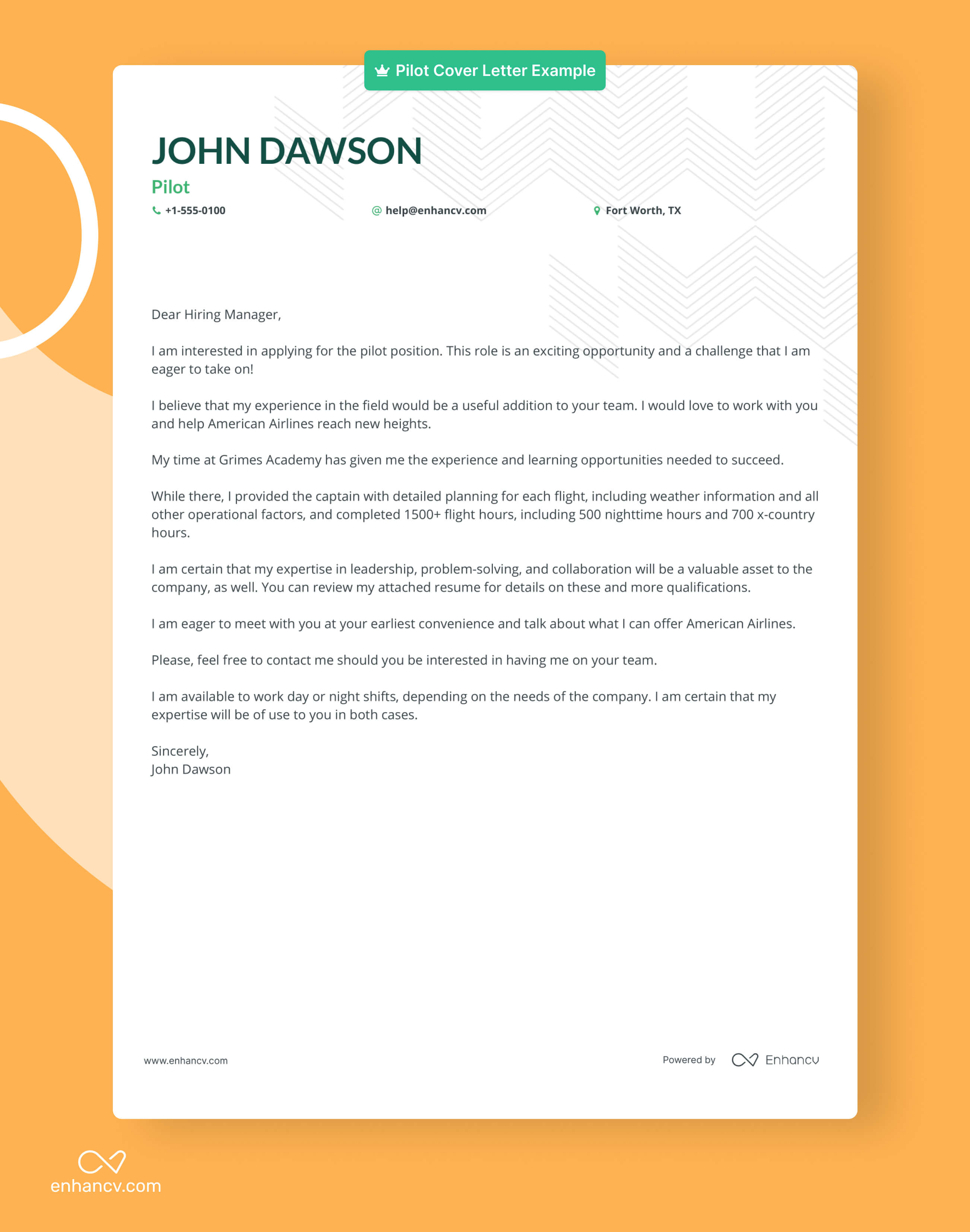 cover letter sample for pilot job