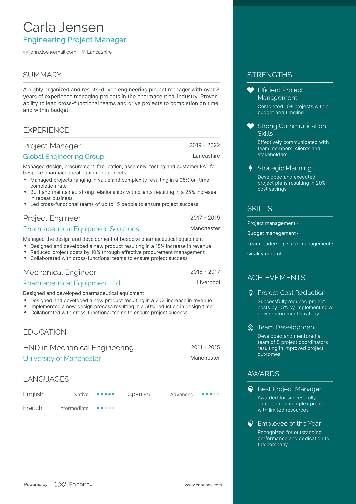 Engineering Project Manager Resume Example