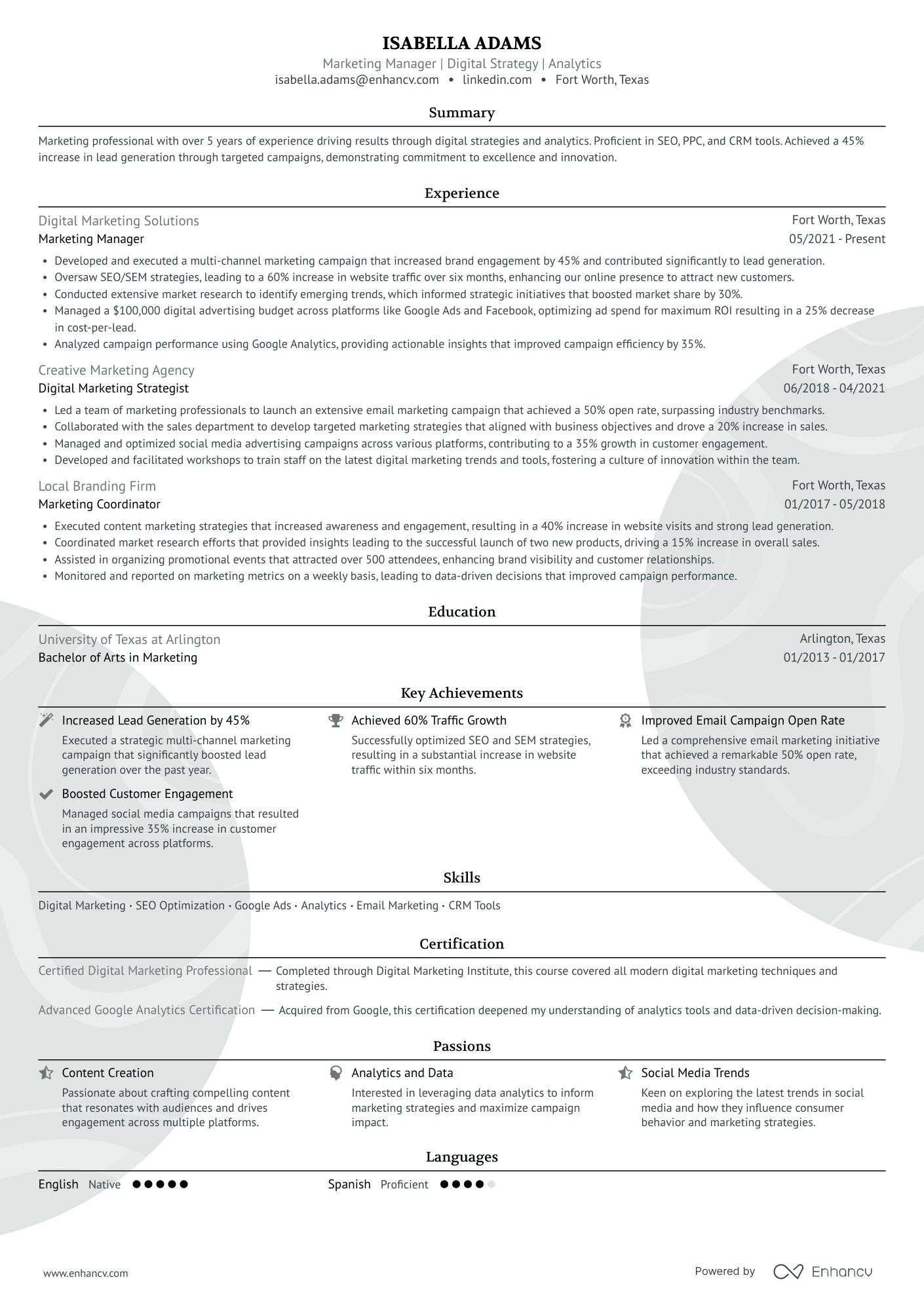 Marketing Manager | Digital Strategy | Analytics resume example