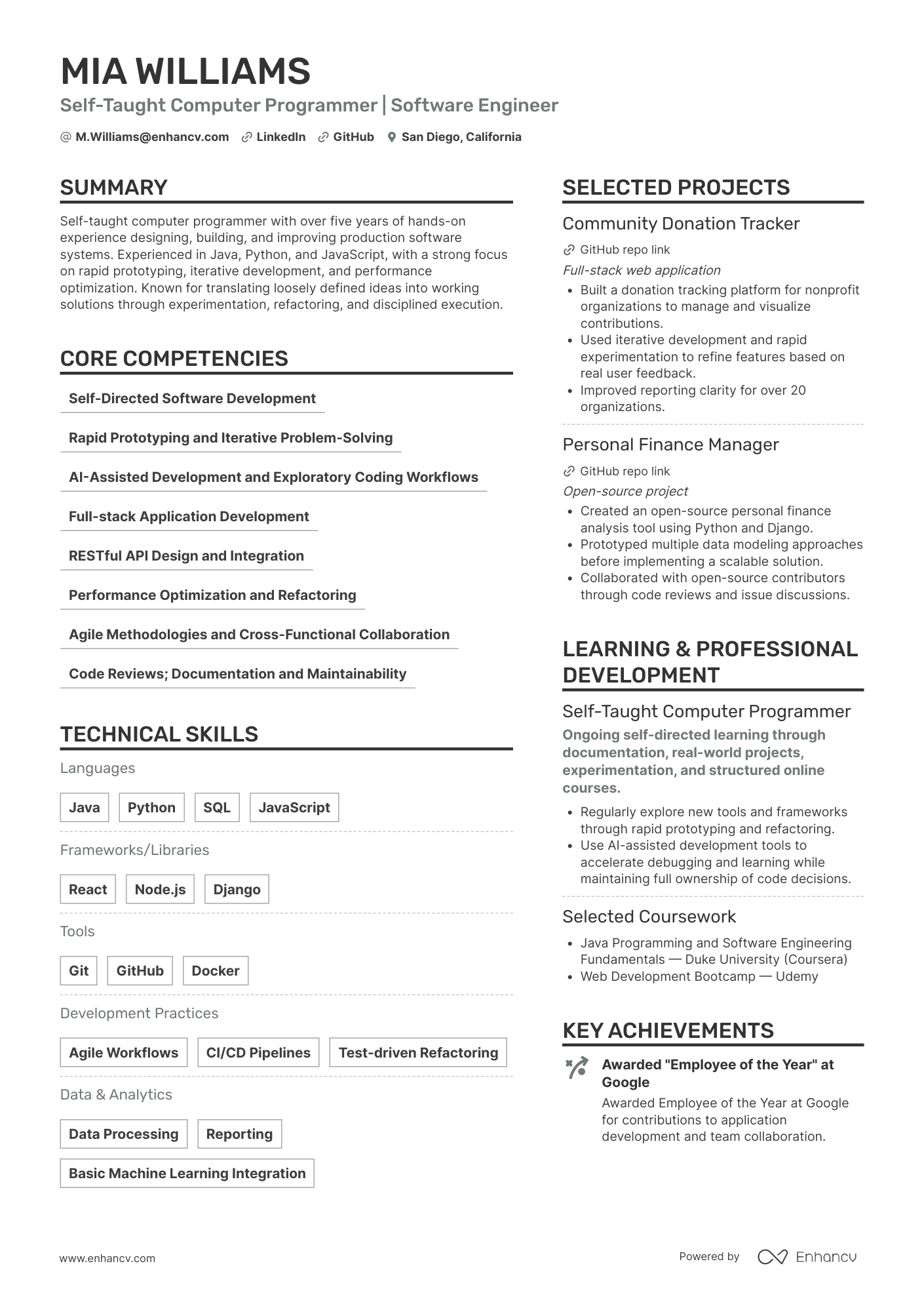 Self Taught Computer Programmer | Software Engineer resume example