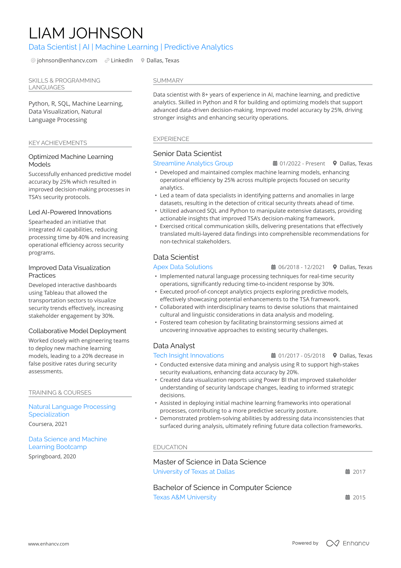 Data Scientist | AI | Machine Learning | Predictive Analytics resume example