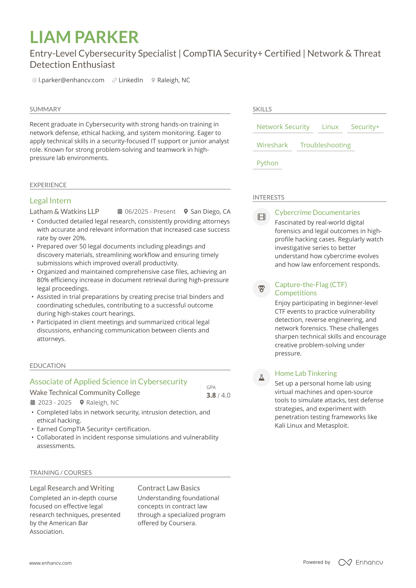 Entry Level Cybersecurity Specialist | CompTIA Security+ Certified | Network & Threat Detection Enthusiast resume example