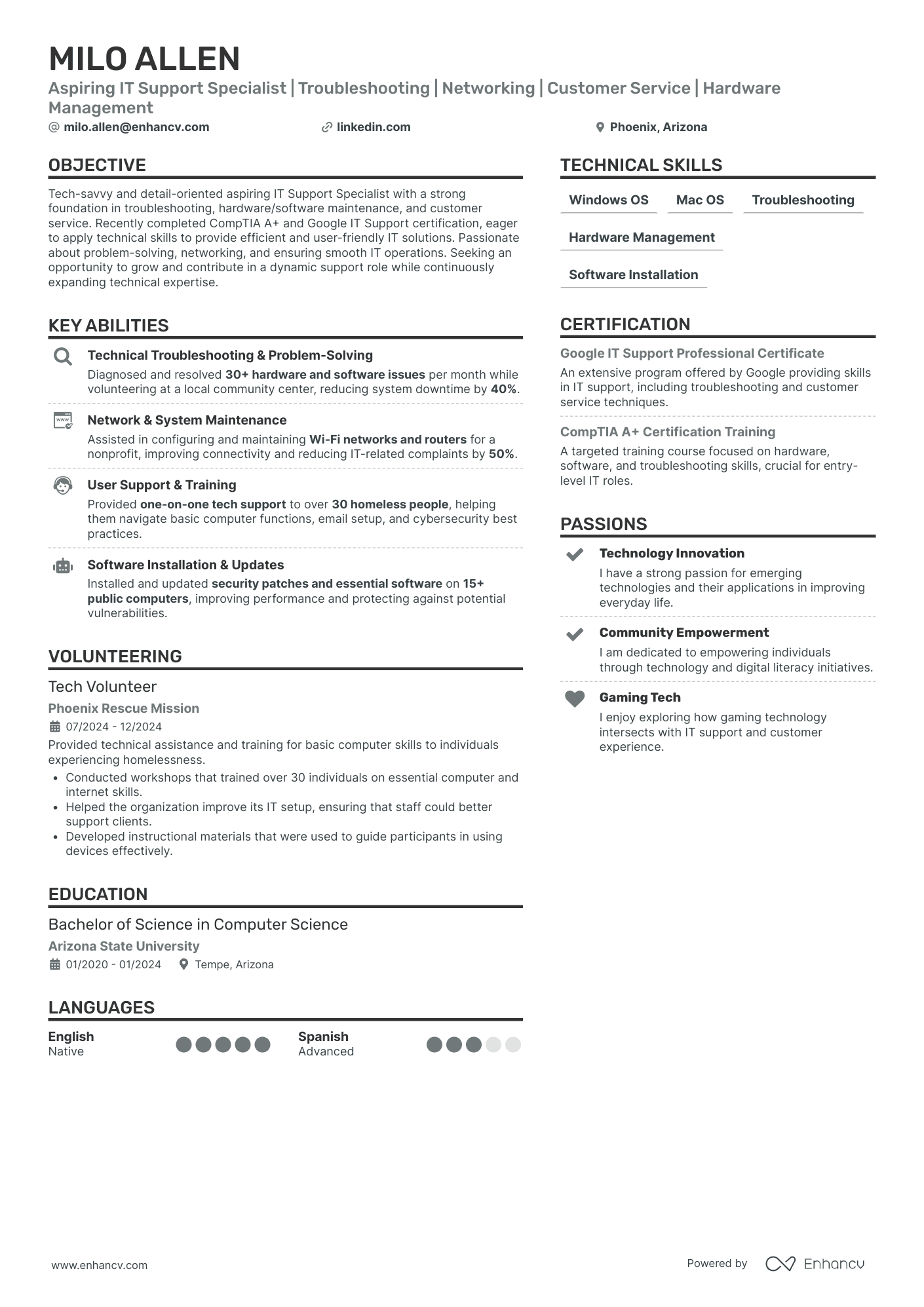 Aspiring IT Support Specialist | Troubleshooting | Networking | Customer Service | Hardware Management resume example