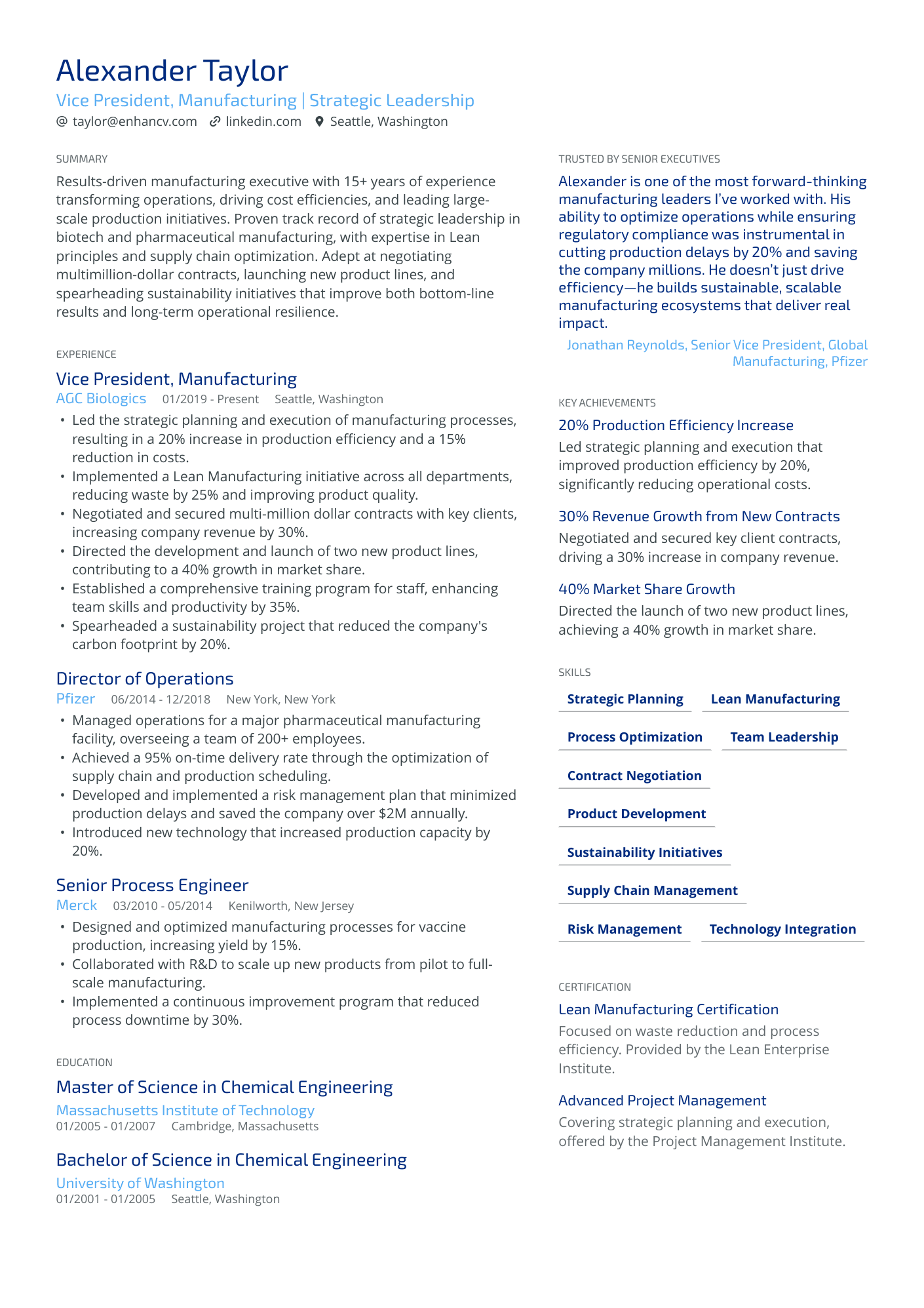 Vice President, Manufacturing | Strategic Leadership resume example