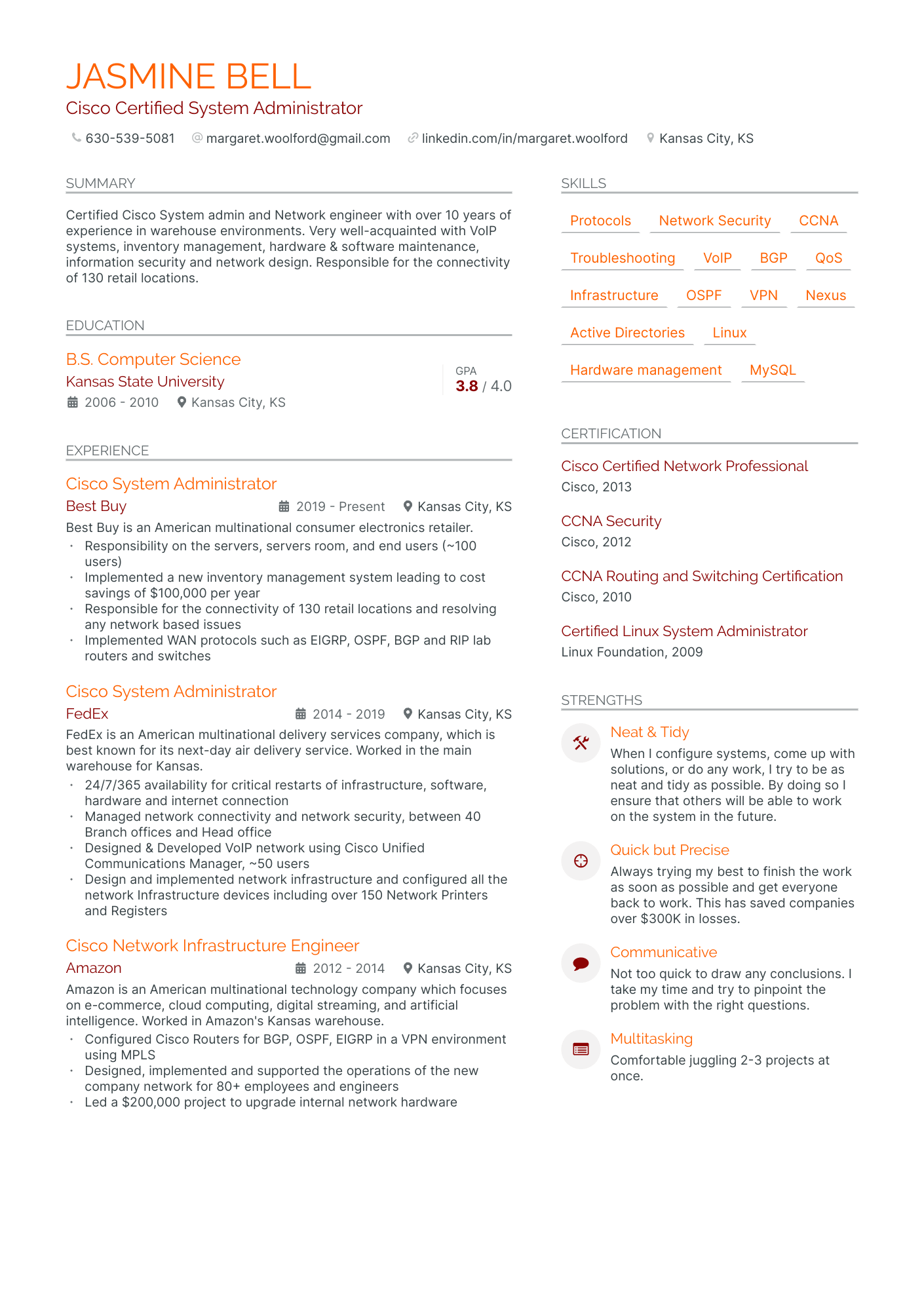 Cisco Certified System Administrator resume example