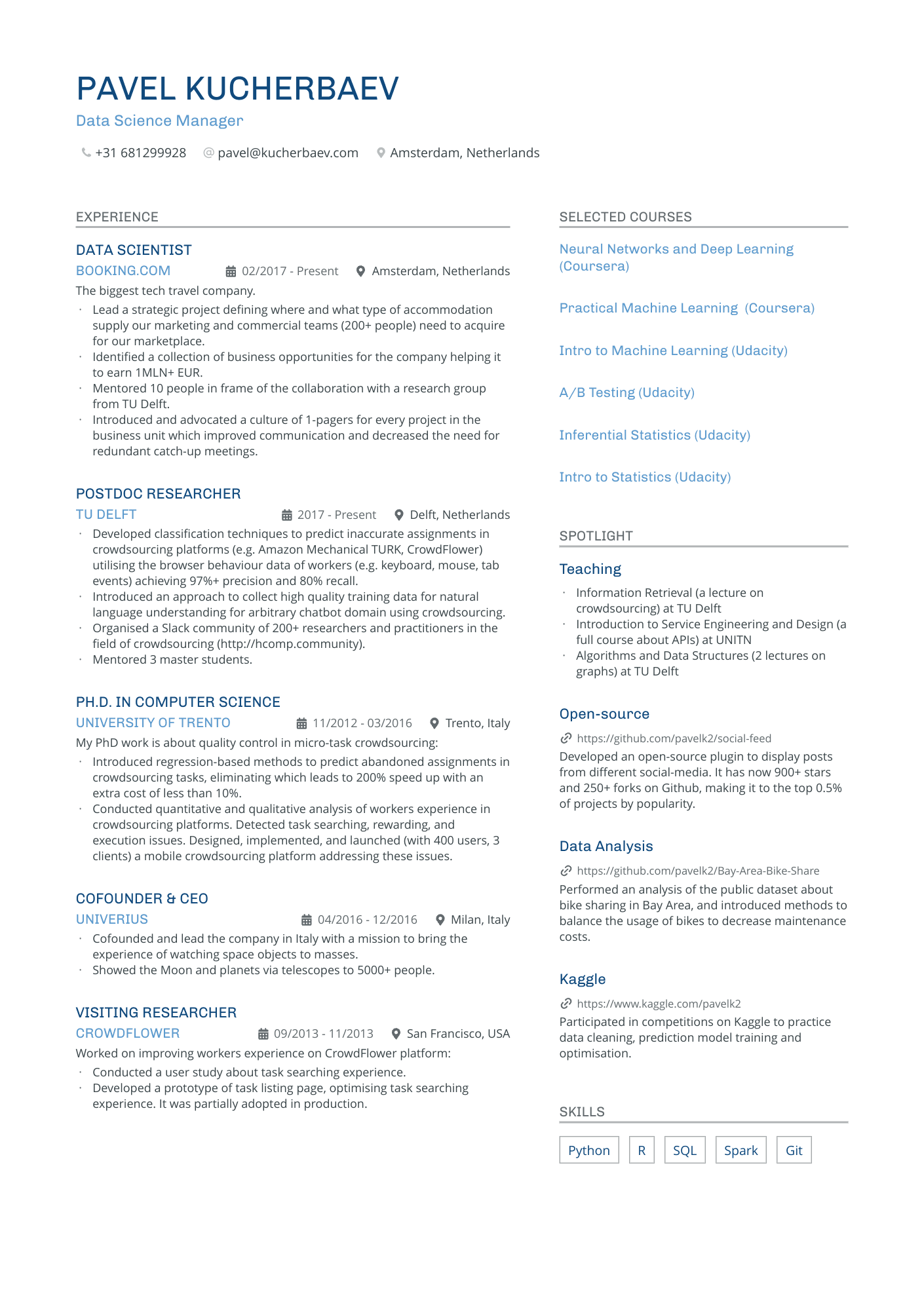 Data Science Manager resume example