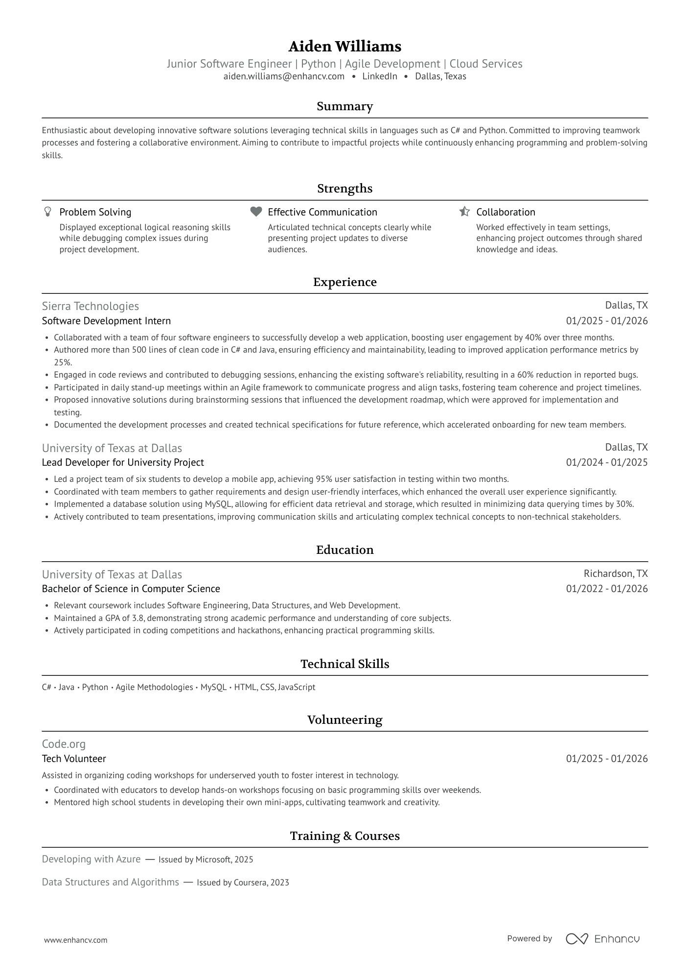 Junior Software Engineer | Python | Agile Development | Cloud Services resume example