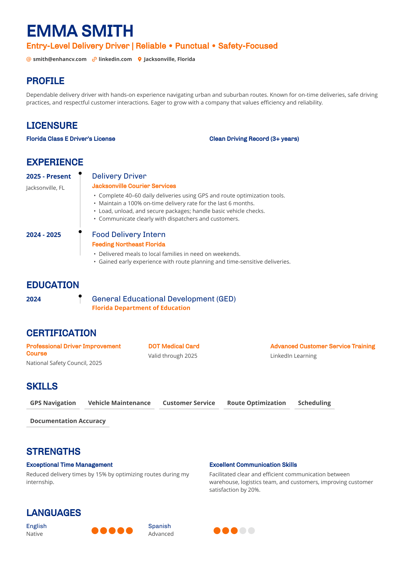 Entry Level Delivery Driver | Reliable • Punctual • Safety Focused resume example