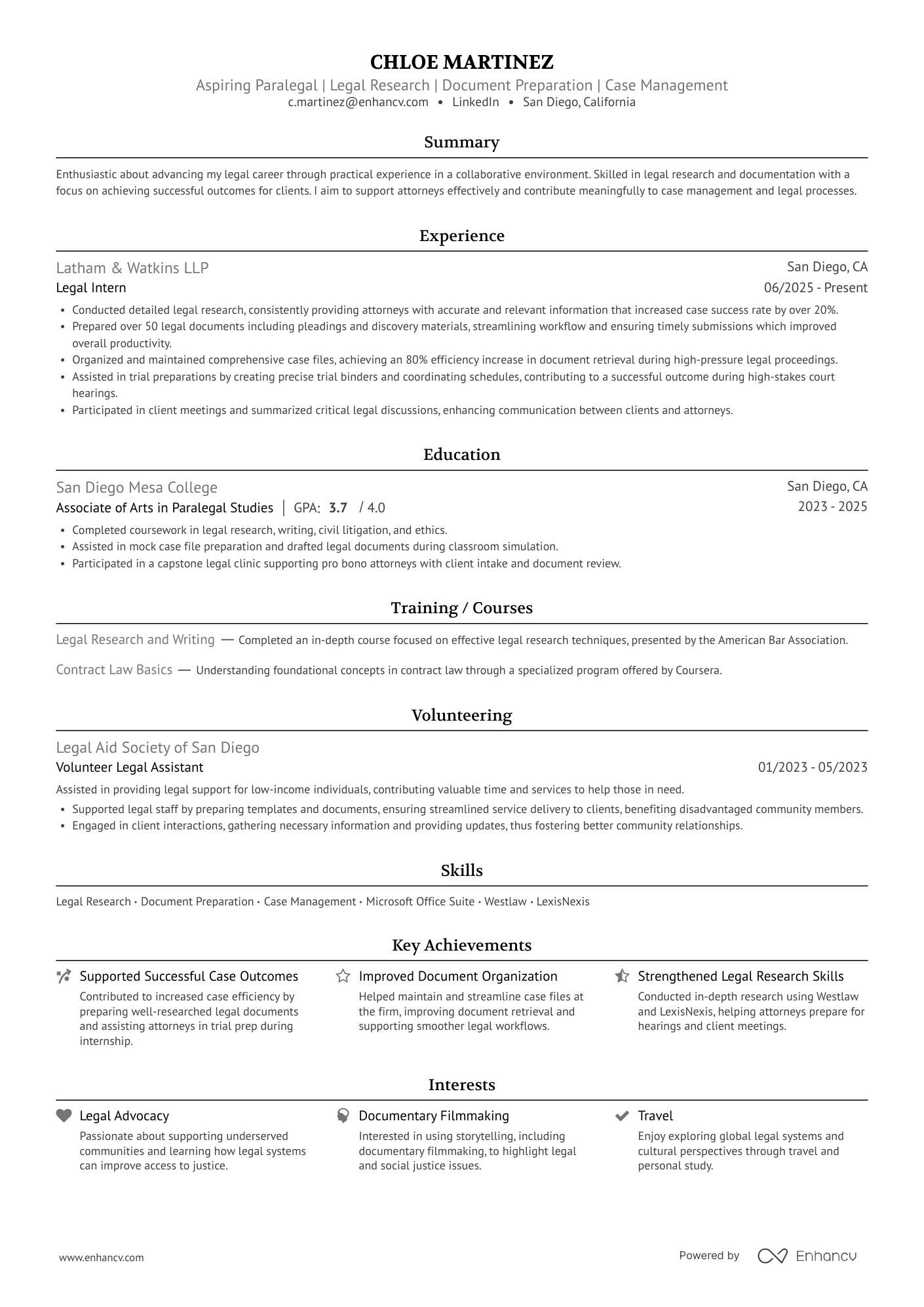 Aspiring Paralegal | Legal Research | Document Preparation | Case Management resume example