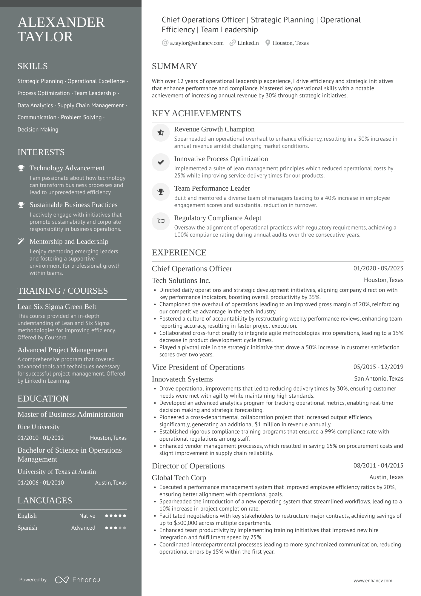 Chief Operations Officer | Strategic Planning | Operational Efficiency | Team Leadership resume example