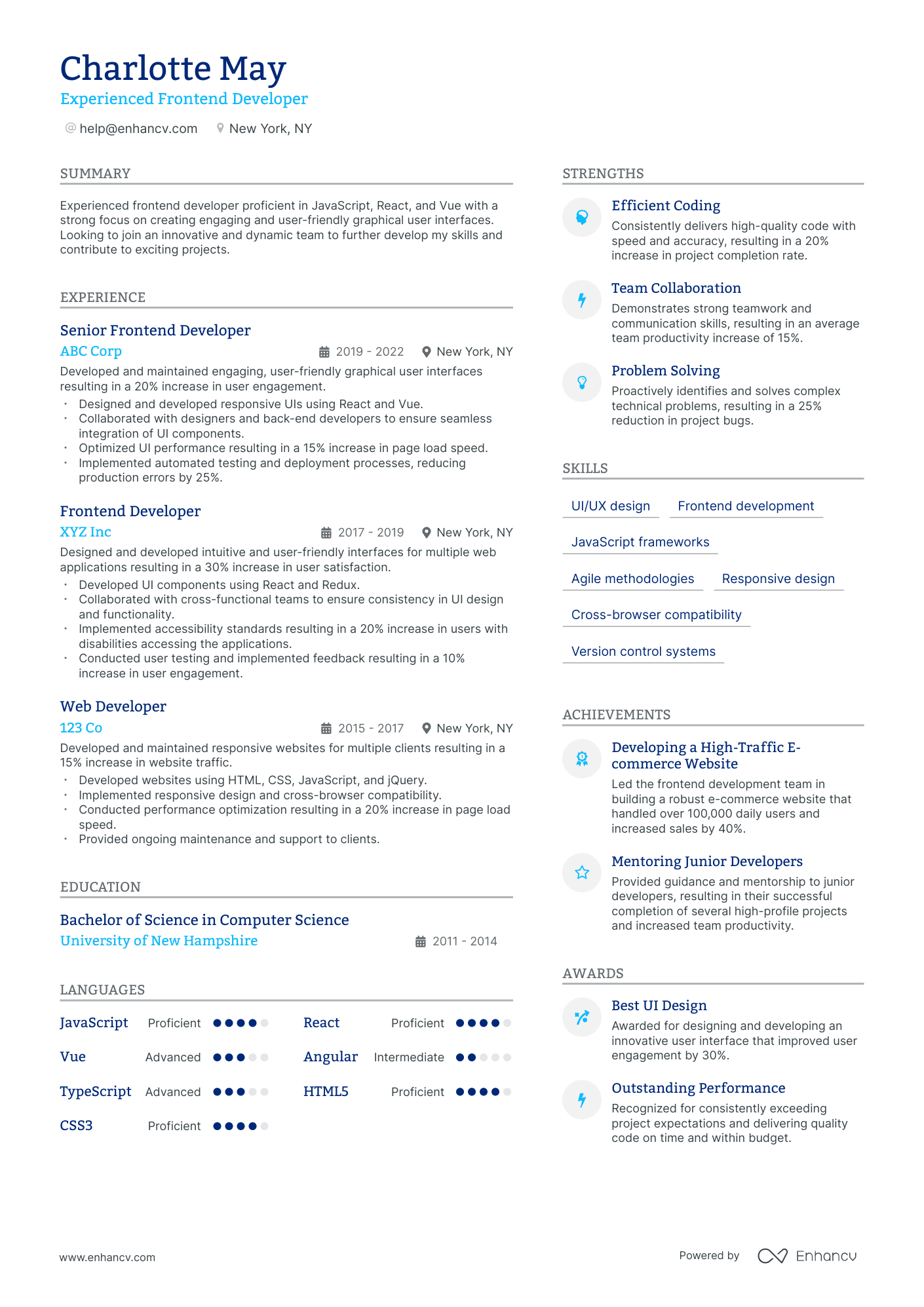 Experienced Frontend Developer resume example