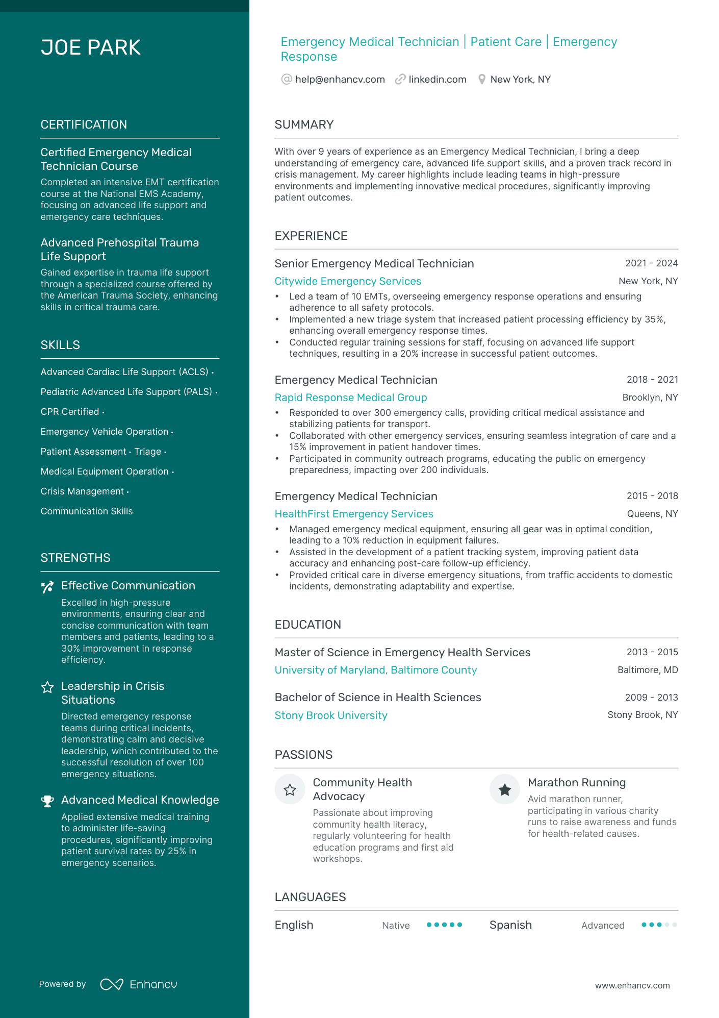 Emergency Medical Technician | Patient Care | Emergency Response resume example