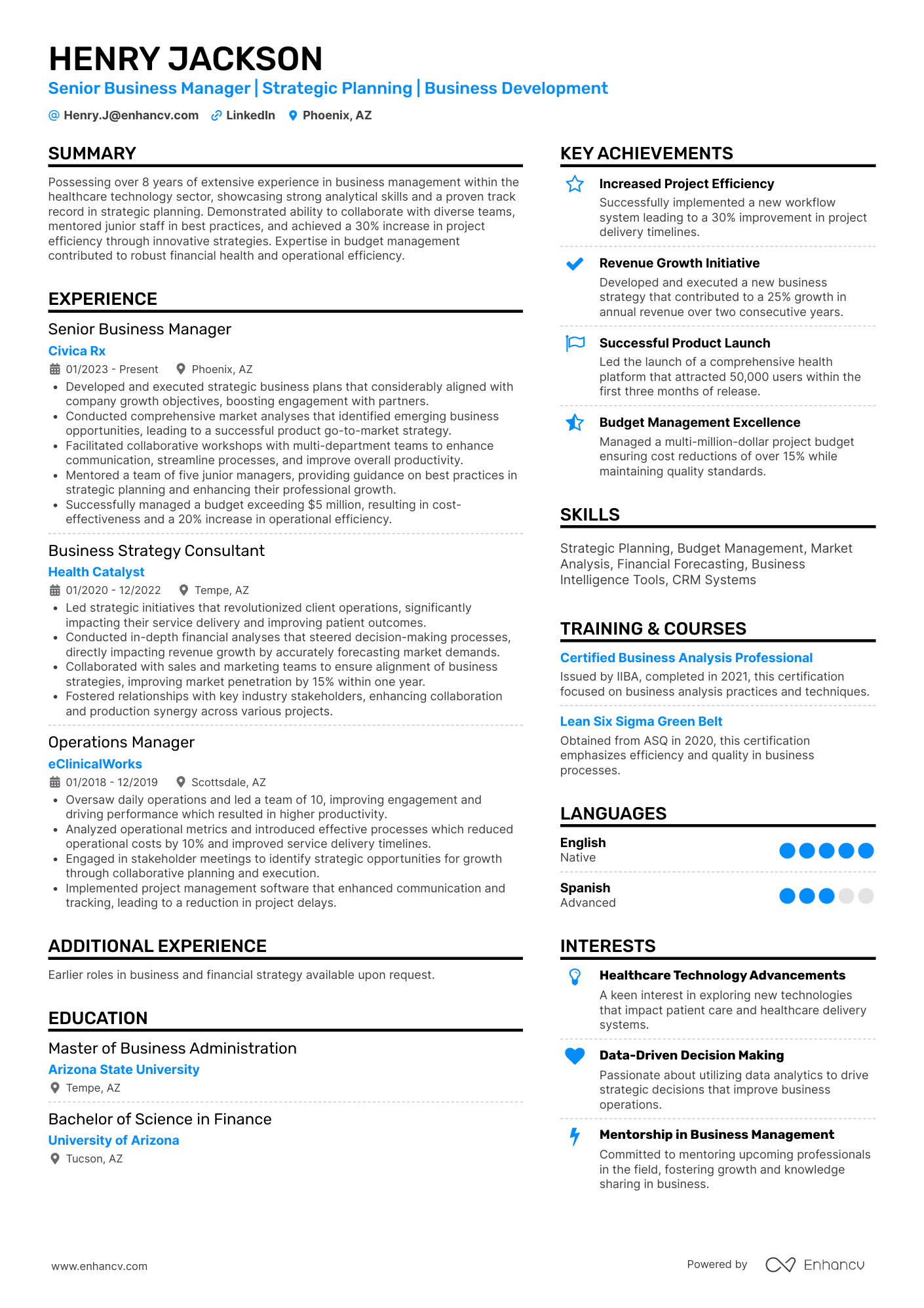 Senior Business Manager | Strategic Planning | Business Development resume example