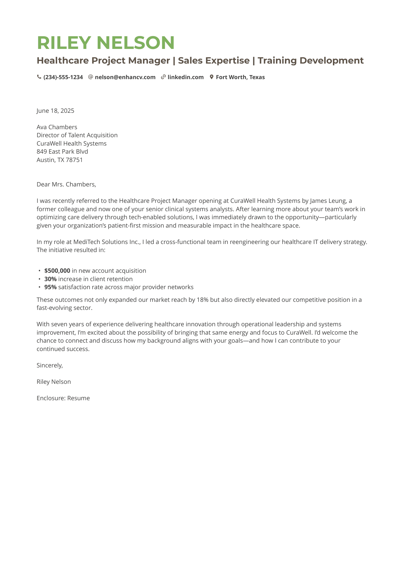 Healthcare Project Manager | Sales Expertise | Training Development resume example