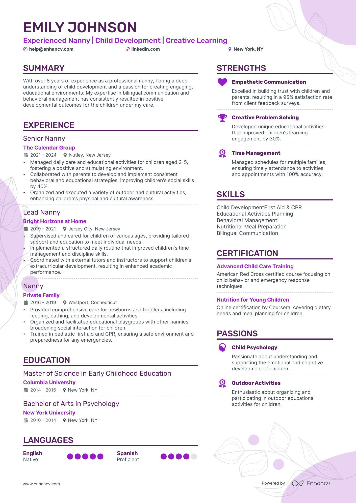 Experienced Nanny | Child Development | Creative Learning resume example