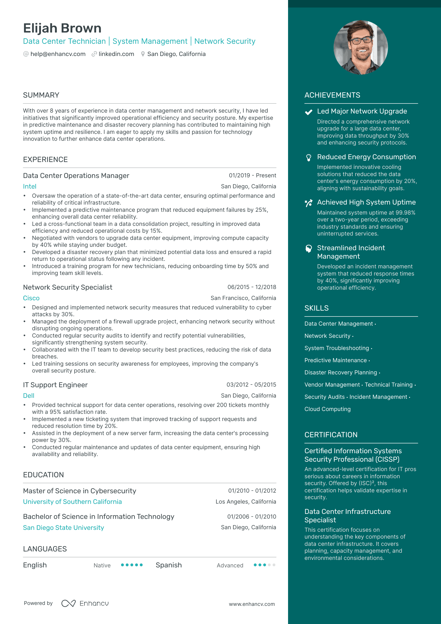 Data Center Technician | System Management | Network Security resume example