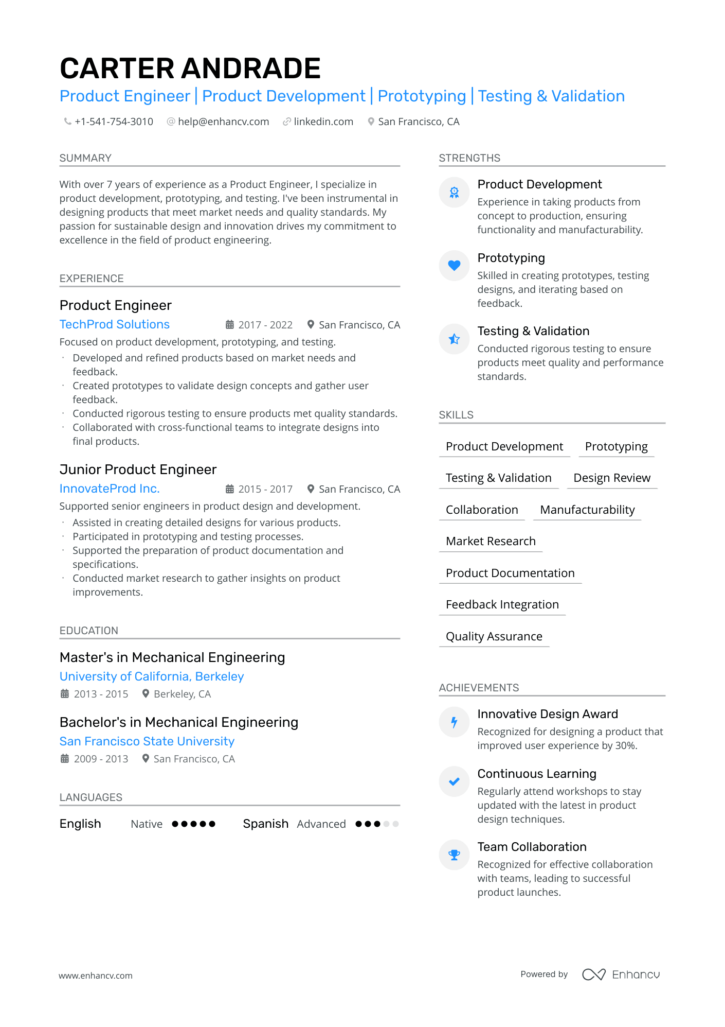 Product Engineer | Product Development | Prototyping | Testing & Validation resume example