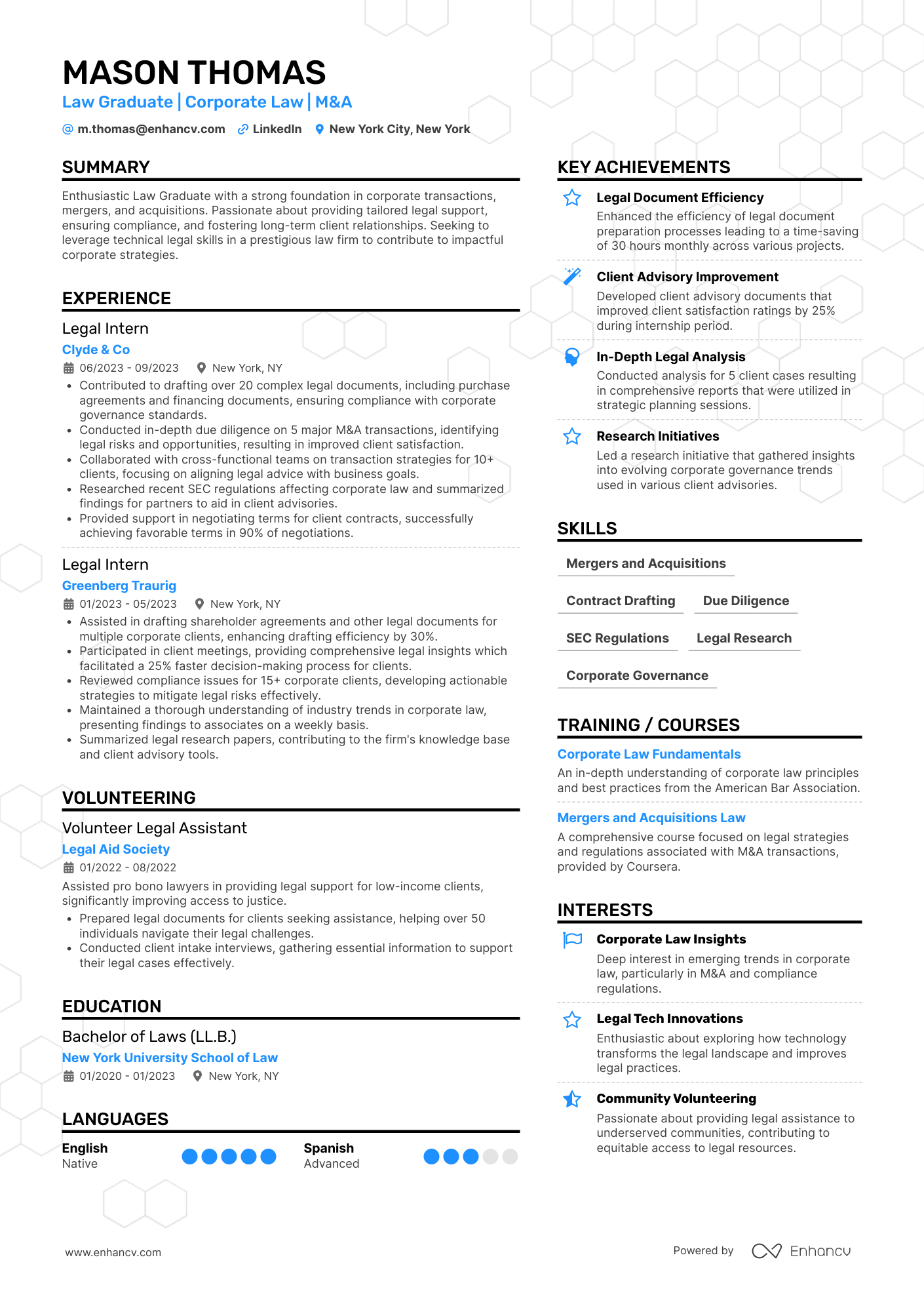 Law Graduate | Corporate Law | M&amp;A resume example