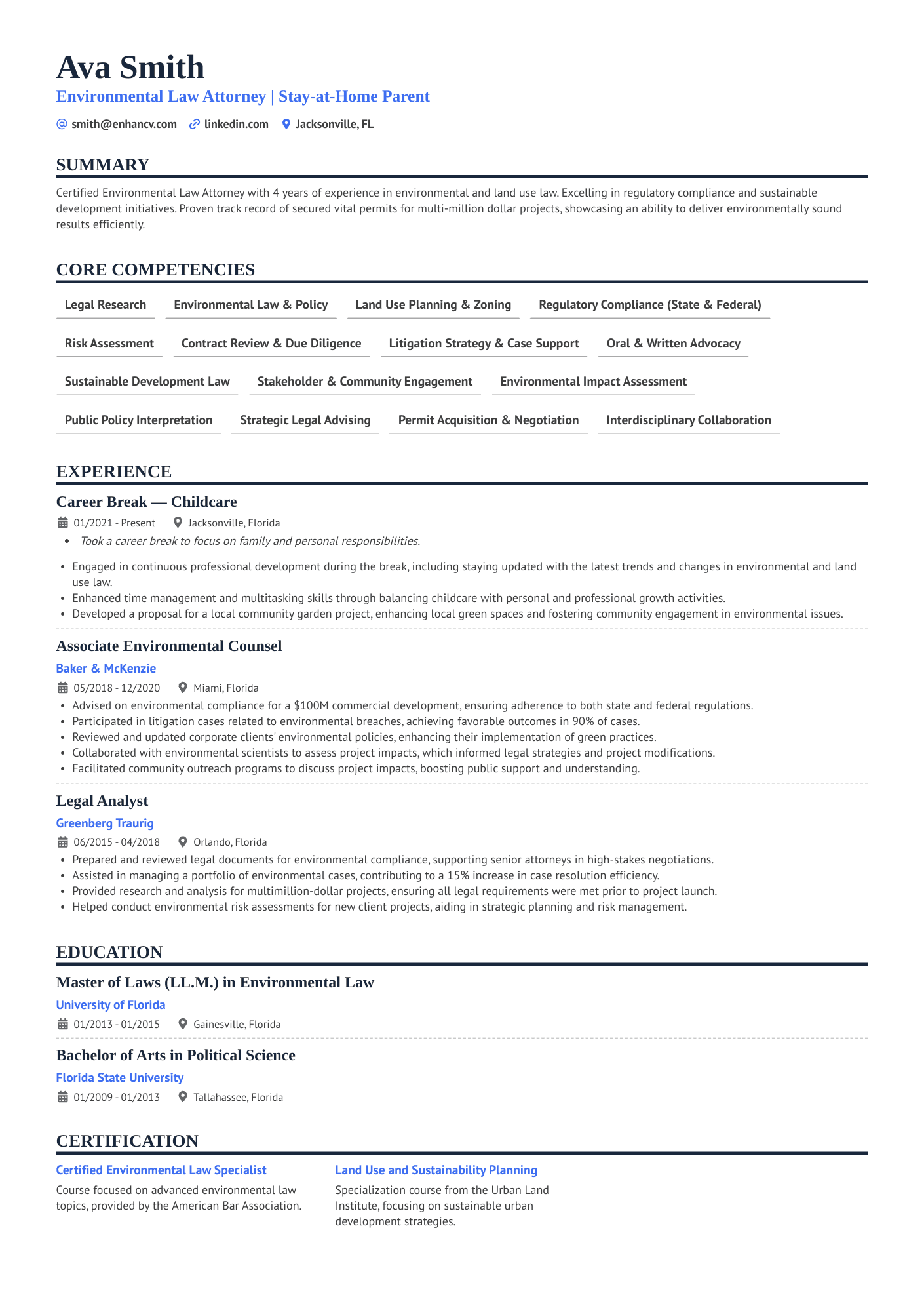 Environmental Law Attorney | Stay at Home Parent resume example