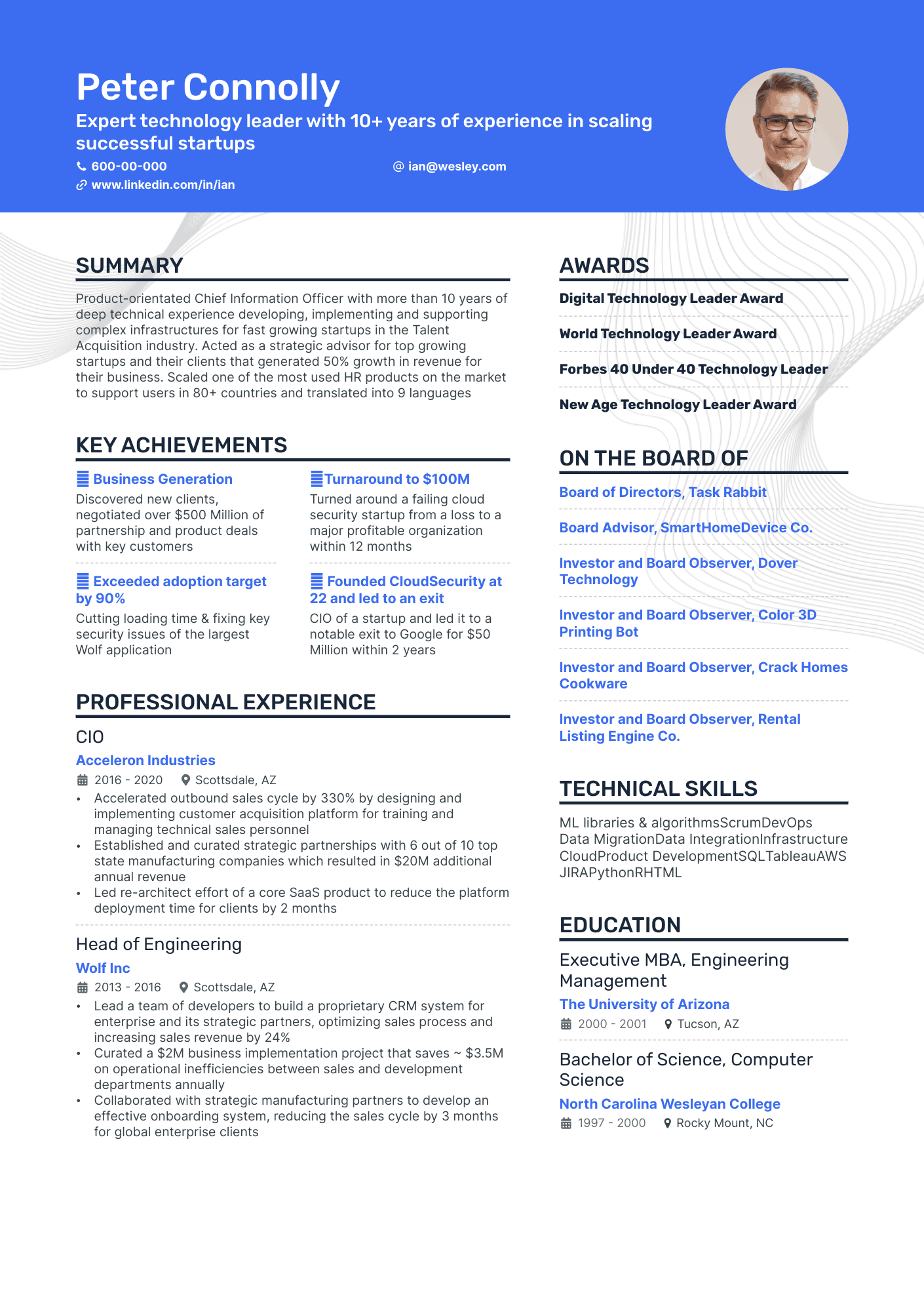 Expert technology leader with 10+ years of experience in scaling successful startups resume example