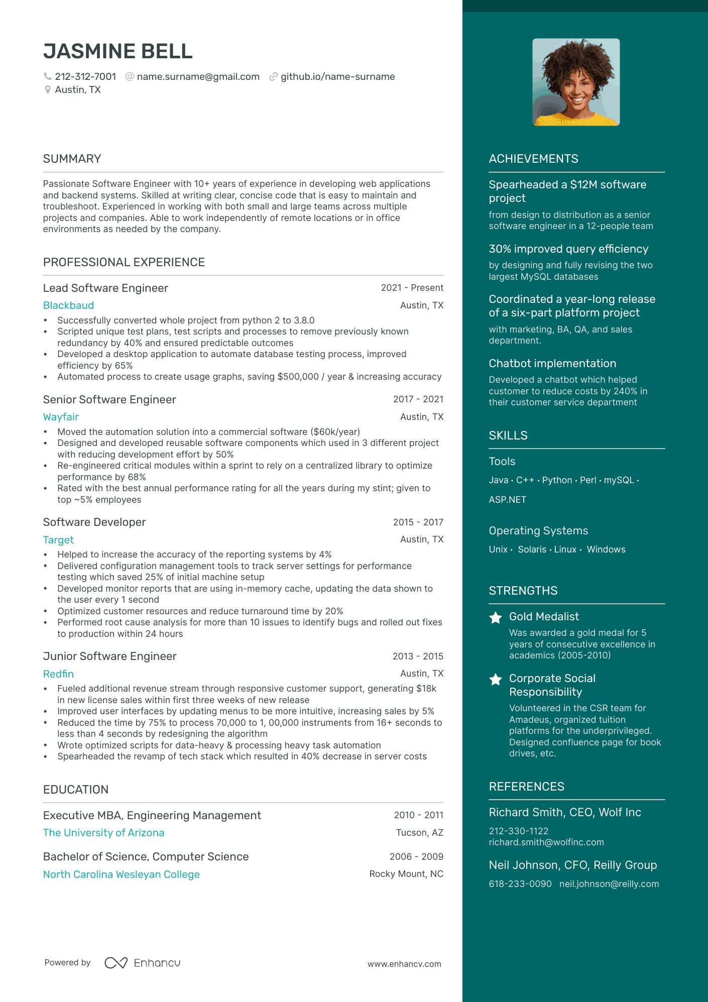 Software engineer resume with Enhancv's Elegant resume template