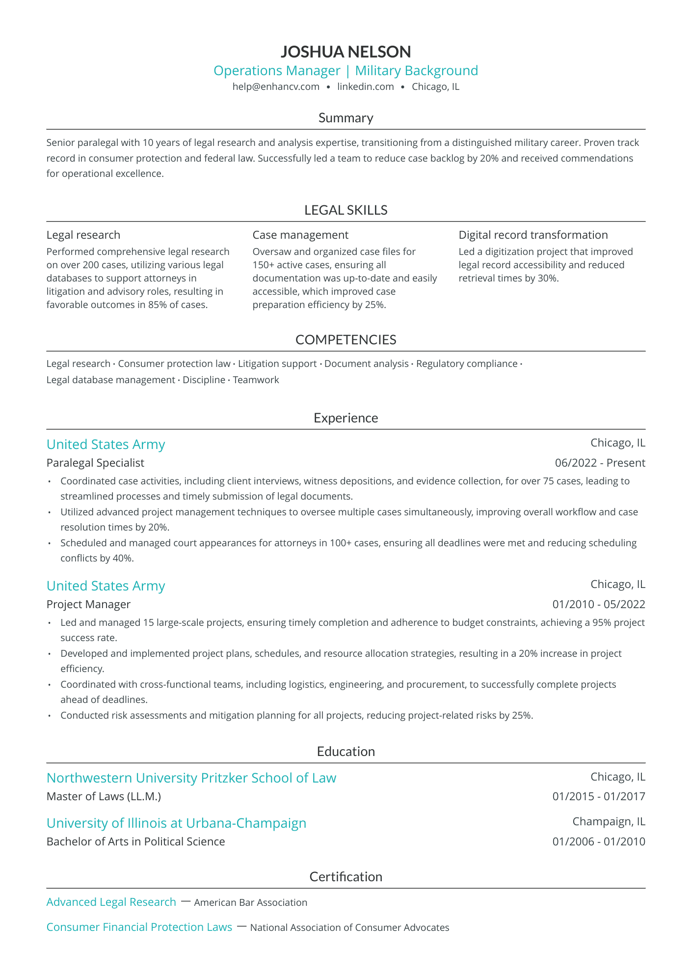 Operations Manager | Military Background resume example