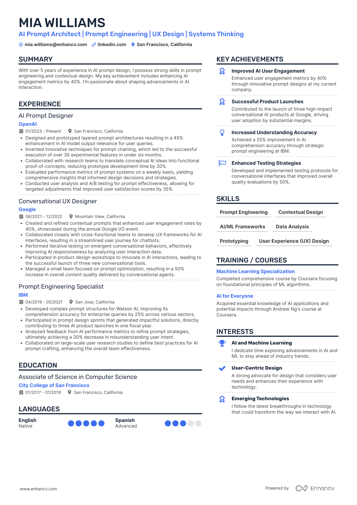 AI Prompt Architect | Prompt Engineering | UX Design | Systems Thinking resume example