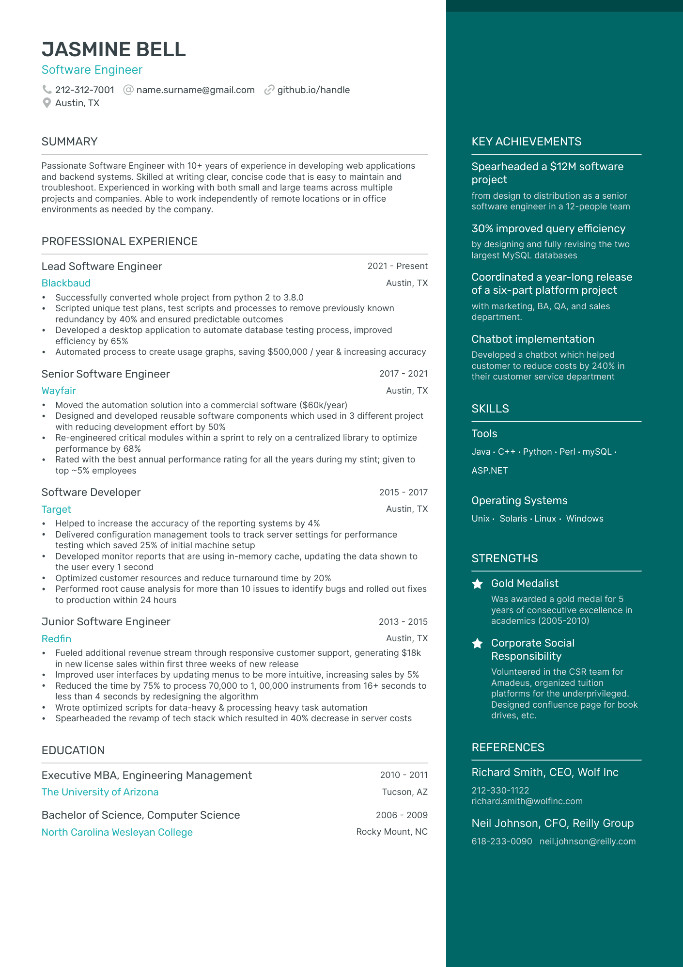 Software Engineer resume example