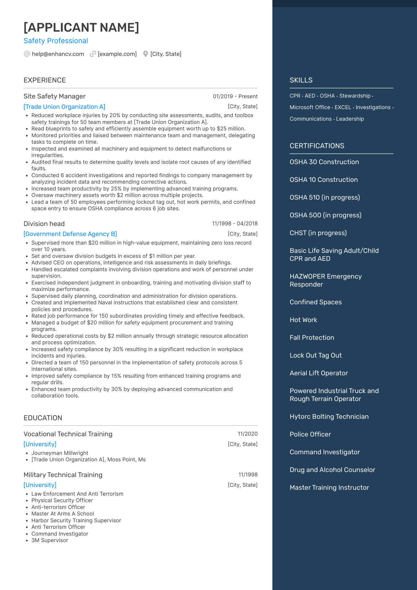 Safety Professional resume example