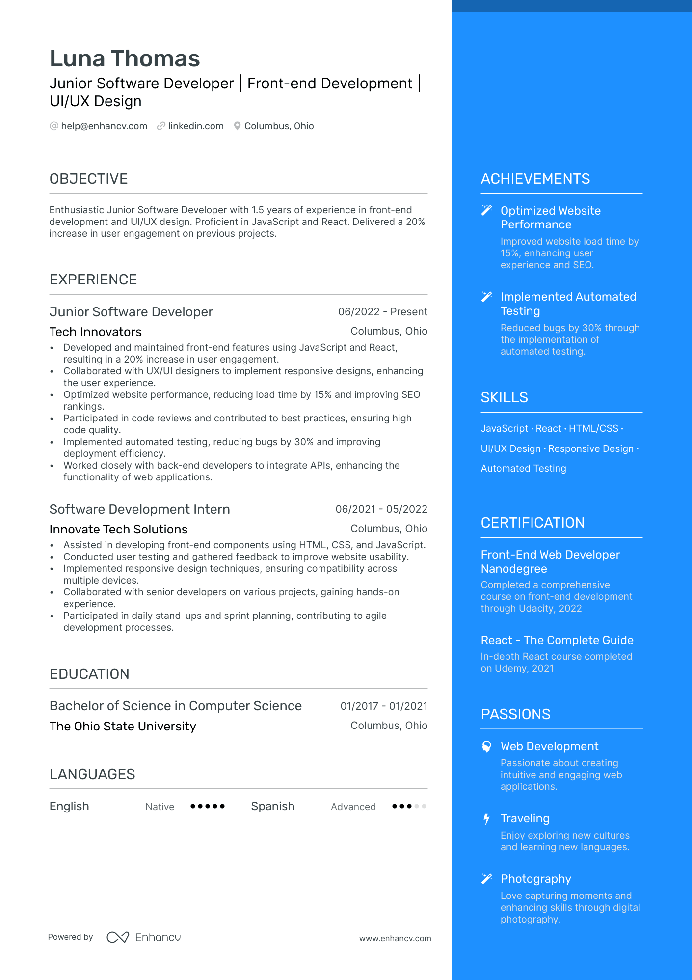 Junior Software Developer | Front end Development | UI/UX Design resume example